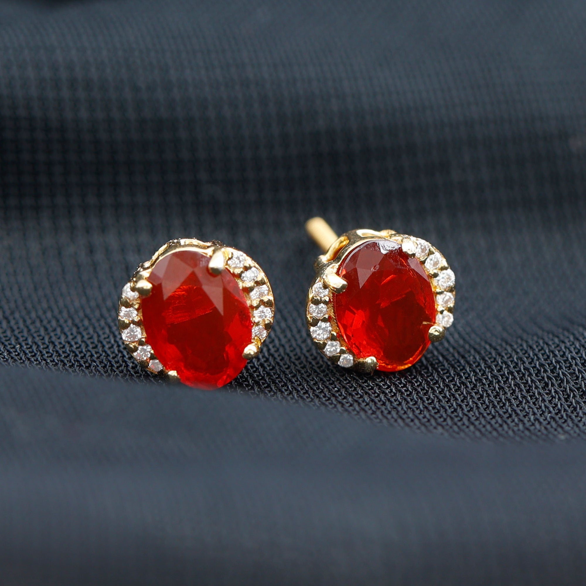 Oval Fire Opal Solitaire Stud Earrings with Diamond Fire Opal - ( AAA ) - Quality - Rosec Jewels
