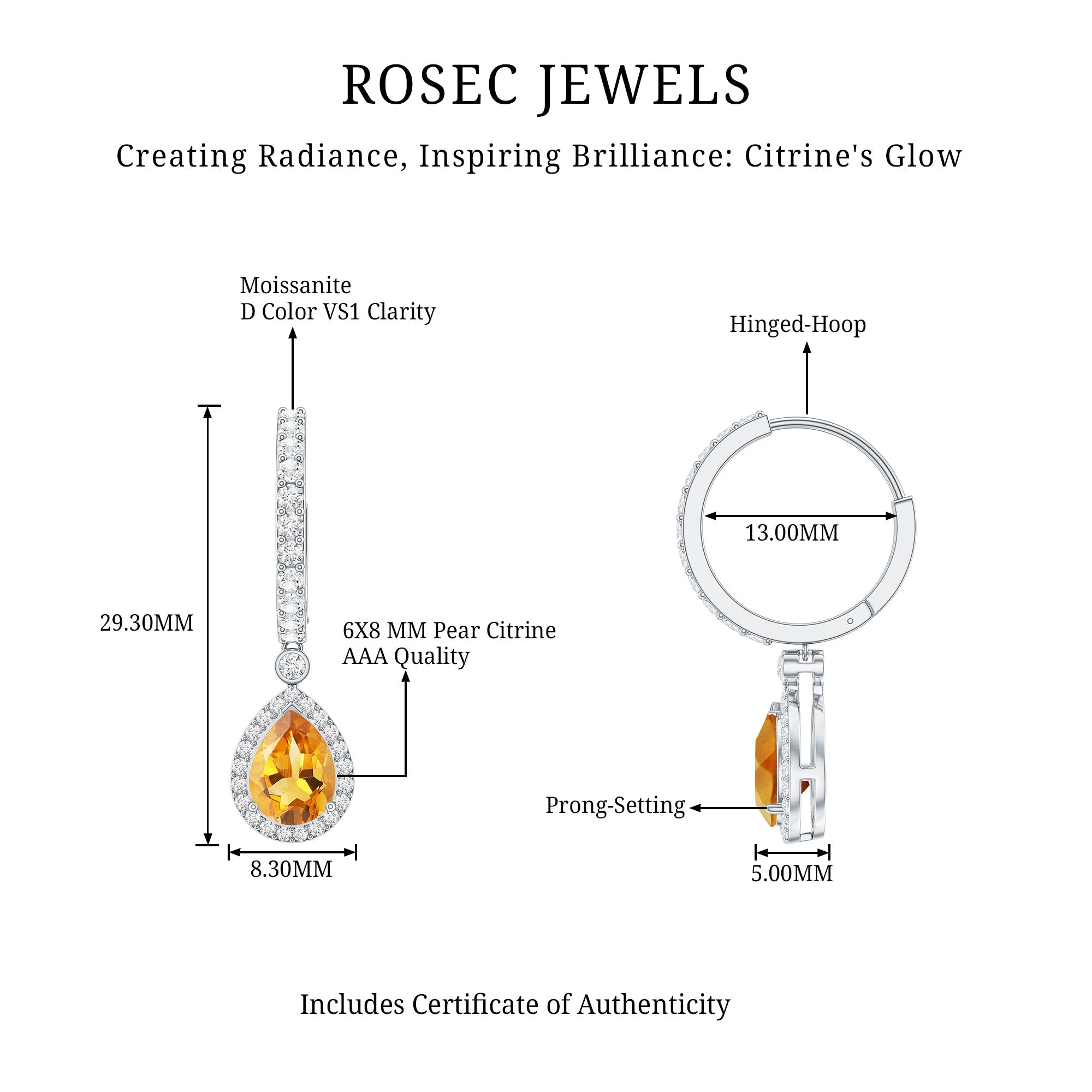 Natural Citrine Teardrop Earrings with Hinged Hoop AAA - Rosec Jewels