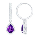 2 Carat Pear Cut Amethyst Hoop Drop Earrings with Diamond Halo AAA - Rosec Jewels