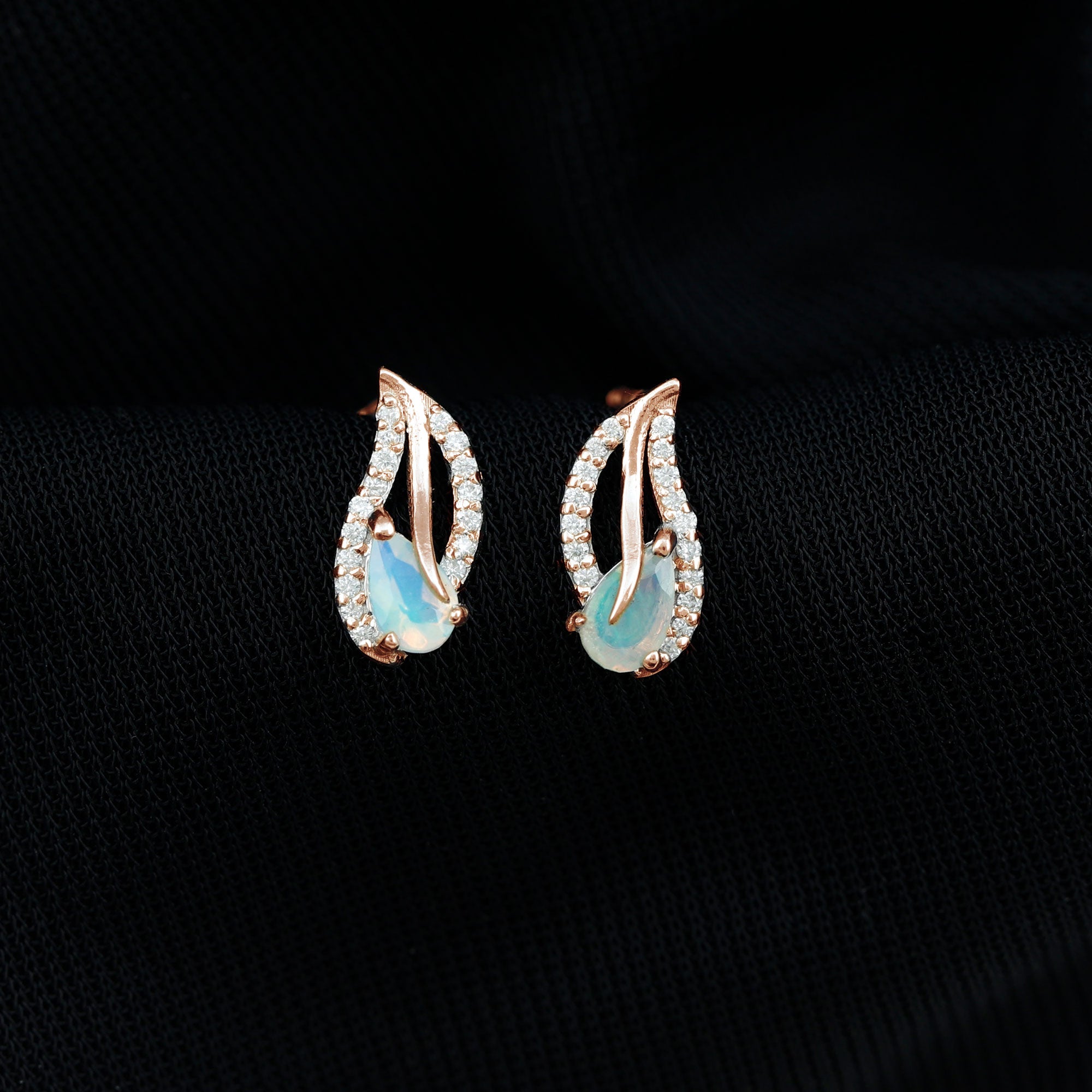 Pear Shape Ethiopian Opal Leaf Stud Earrings with Moissanite Ethiopian Opal - ( AAA ) - Quality - Rosec Jewels