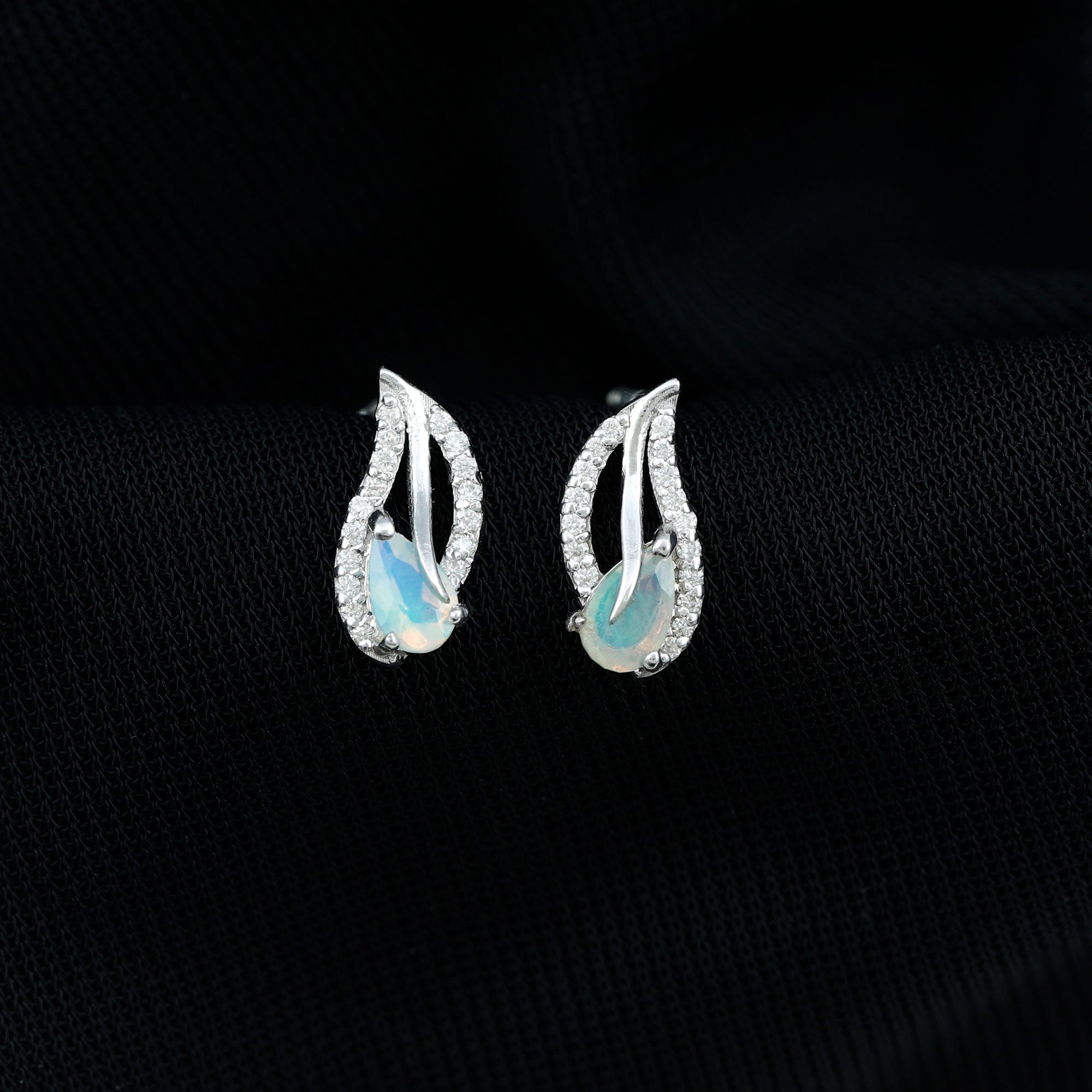 Pear Shape Ethiopian Opal Leaf Stud Earrings with Moissanite Ethiopian Opal - ( AAA ) - Quality - Rosec Jewels