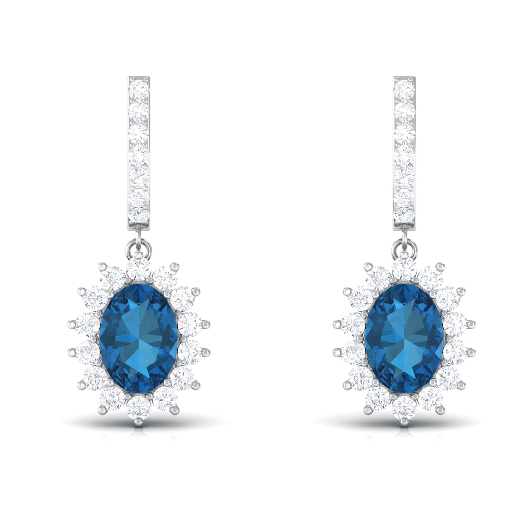Certified London Blue Topaz and Diamond J Hoop Drop Earrings London Blue Topaz - ( AAA ) - Quality - Rosec Jewels