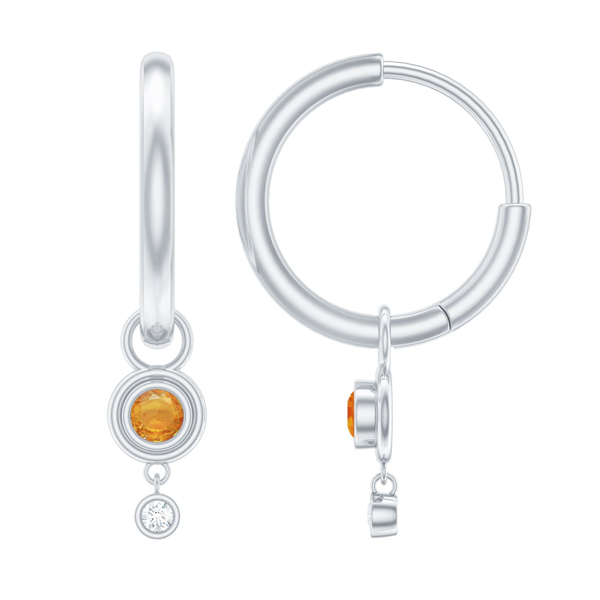 0.25 CT Bezel Set Orange Sapphire and Diamond Simple Hoop Drop Earrings