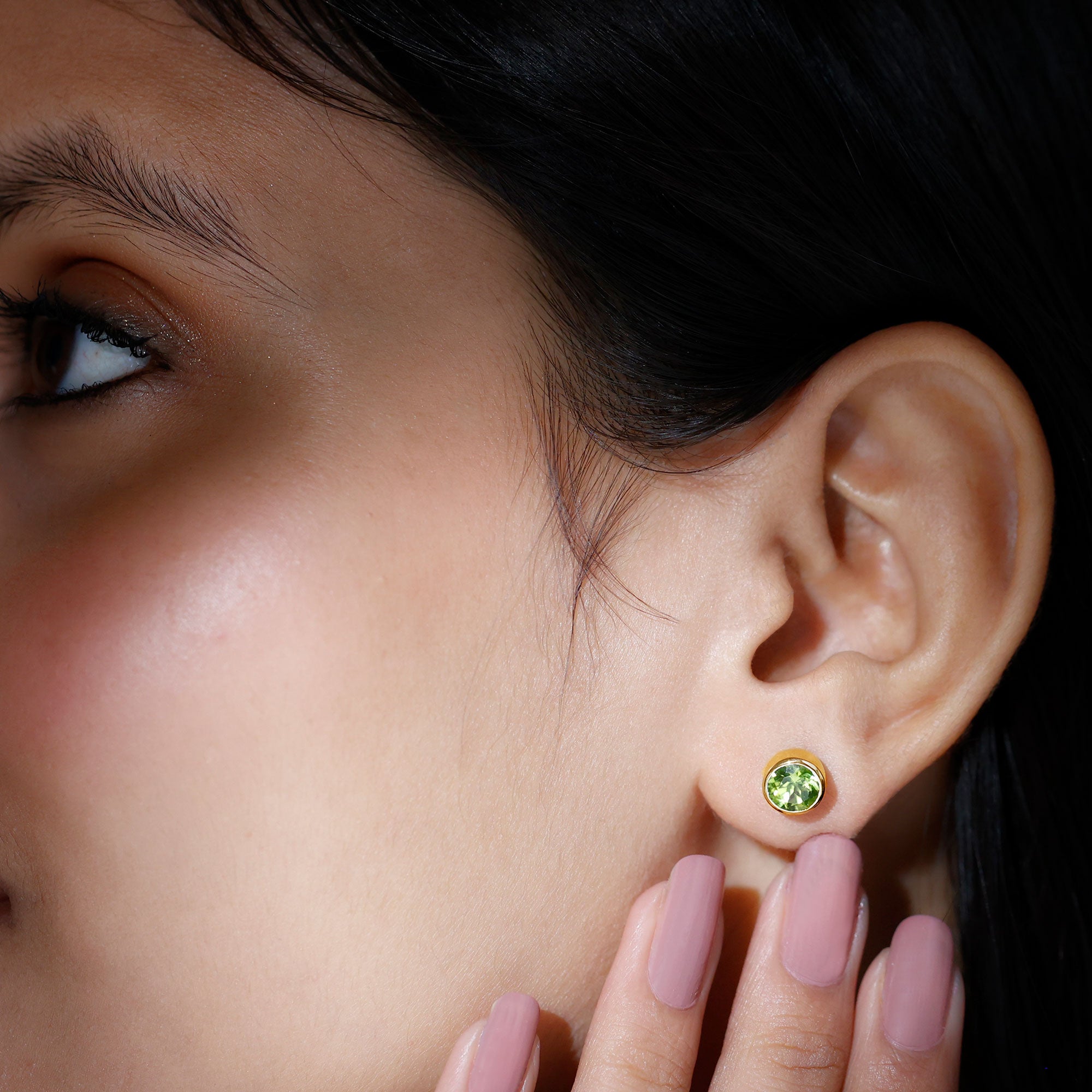 Bezel Set Round Peridot Solitaire Stud Earrings Peridot - ( AAA ) - Quality - Rosec Jewels