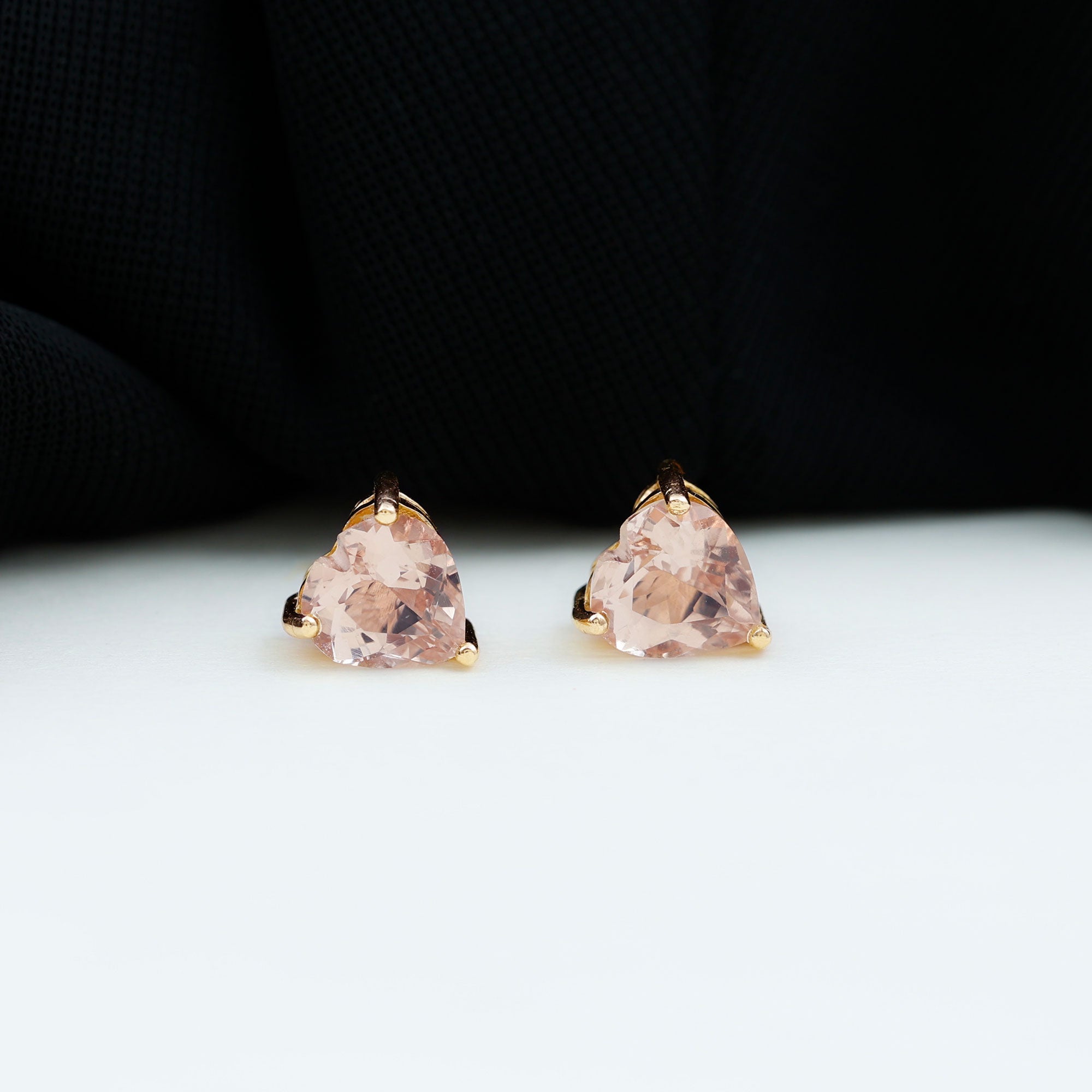 Heart Shape Morganite Solitaire Stud Earrings in 3 Prong Setting Morganite - ( AAA ) - Quality - Rosec Jewels