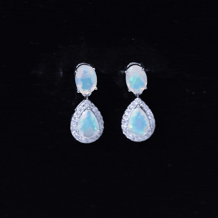 Genuine 3 Carat Ethiopian Opal Drop Dangle Earrings with Diamond Halo AAA - Rosec Jewels