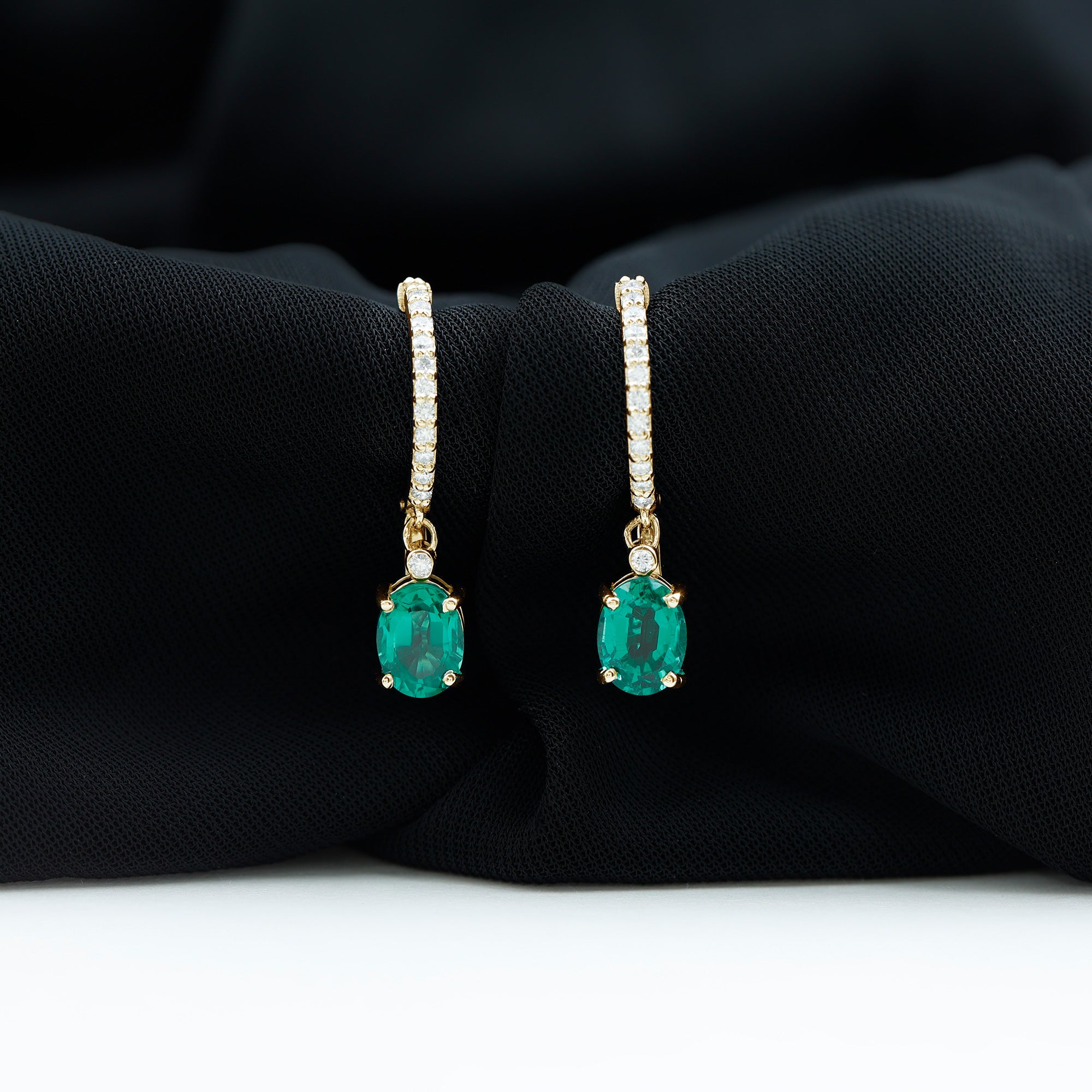Oval Created Emerald and Diamond Hoop Drop Earrings Lab Created Emerald - ( AAAA ) - Quality - Rosec Jewels