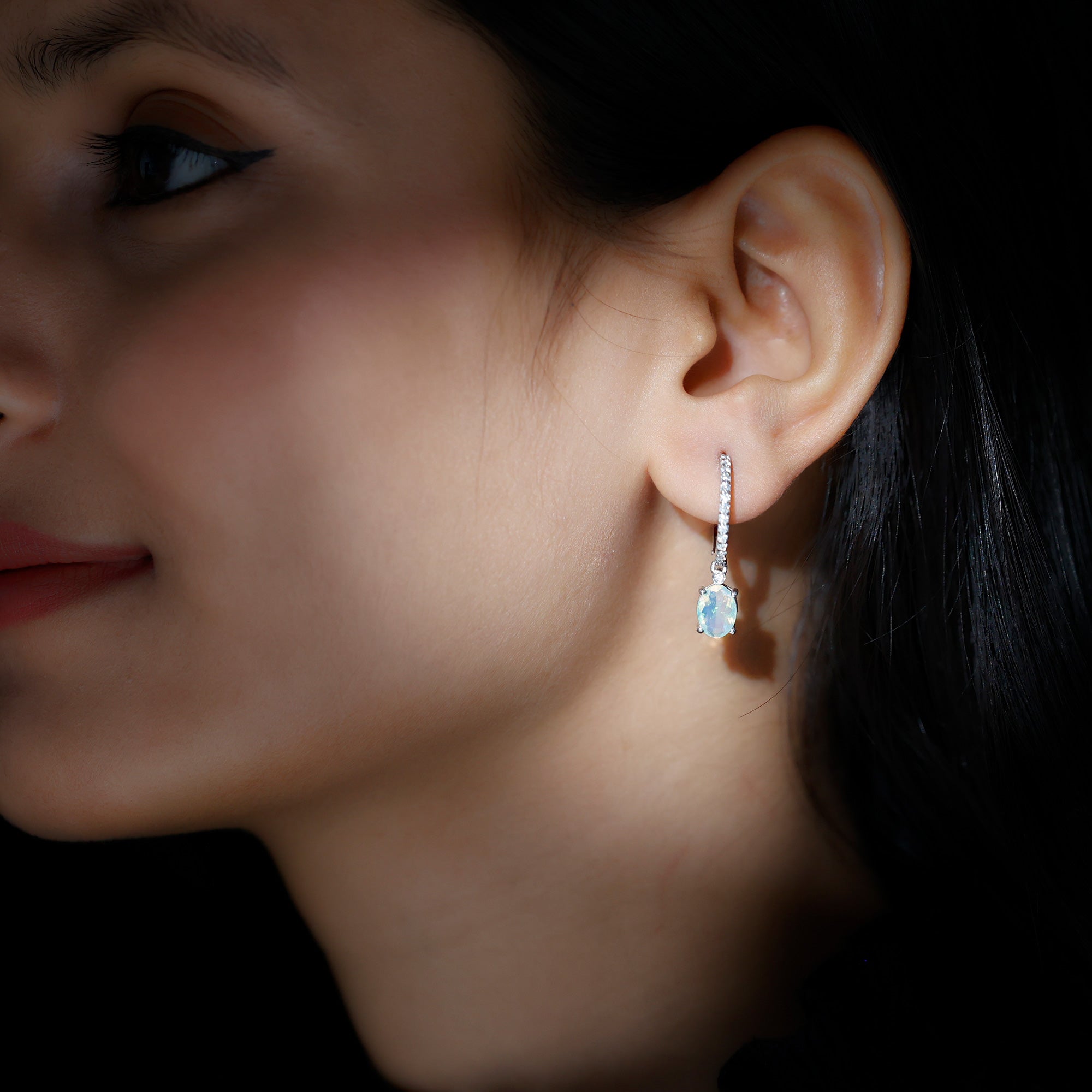 Oval Ethiopian Opal Drop Earrings with Moissanite Hoop AAA - Rosec Jewels