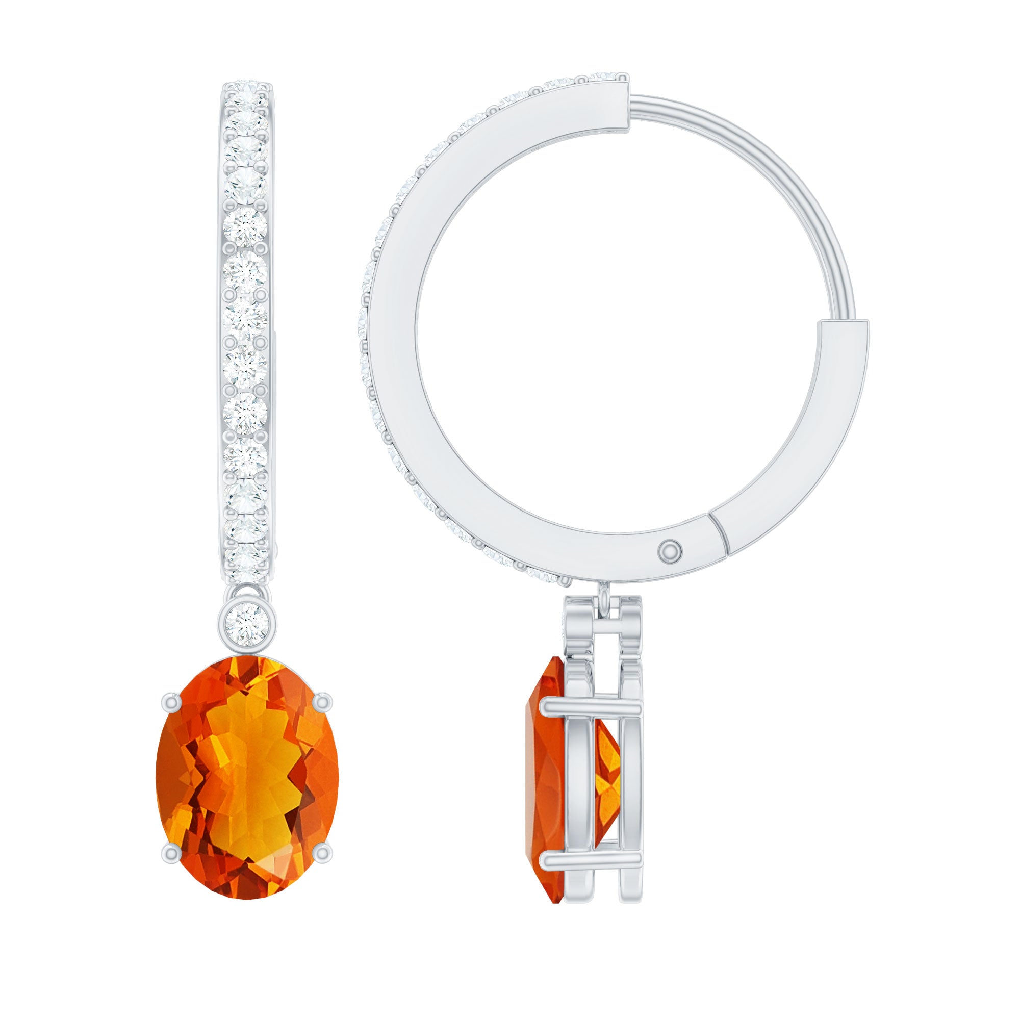 Oval Fire Opal Hinged Hoop Drop Earrings with Diamond