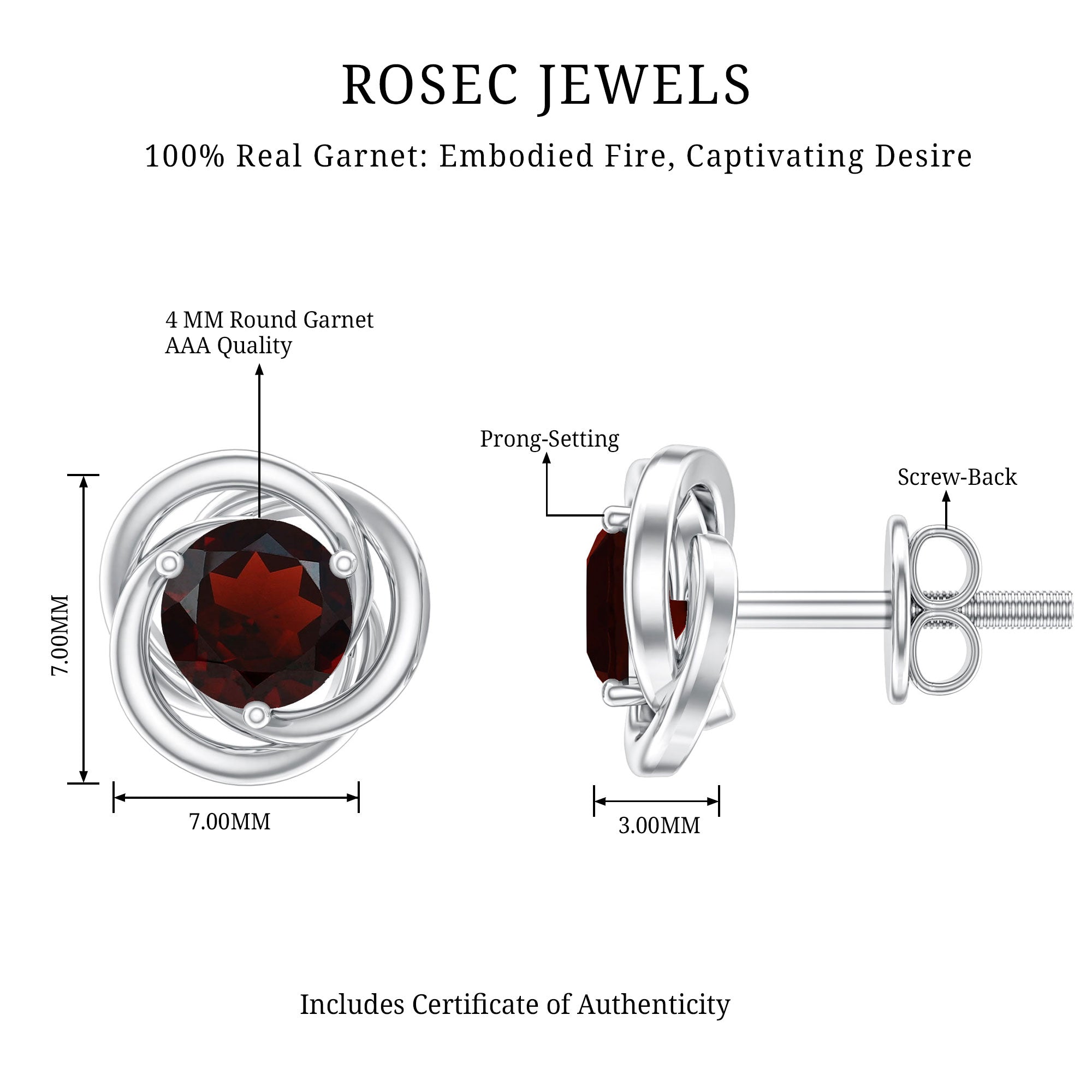 Solitaire 0.6 Carat Garnet Swirl Stud Earrings in 3 Prong Setting AAA - Rosec Jewels