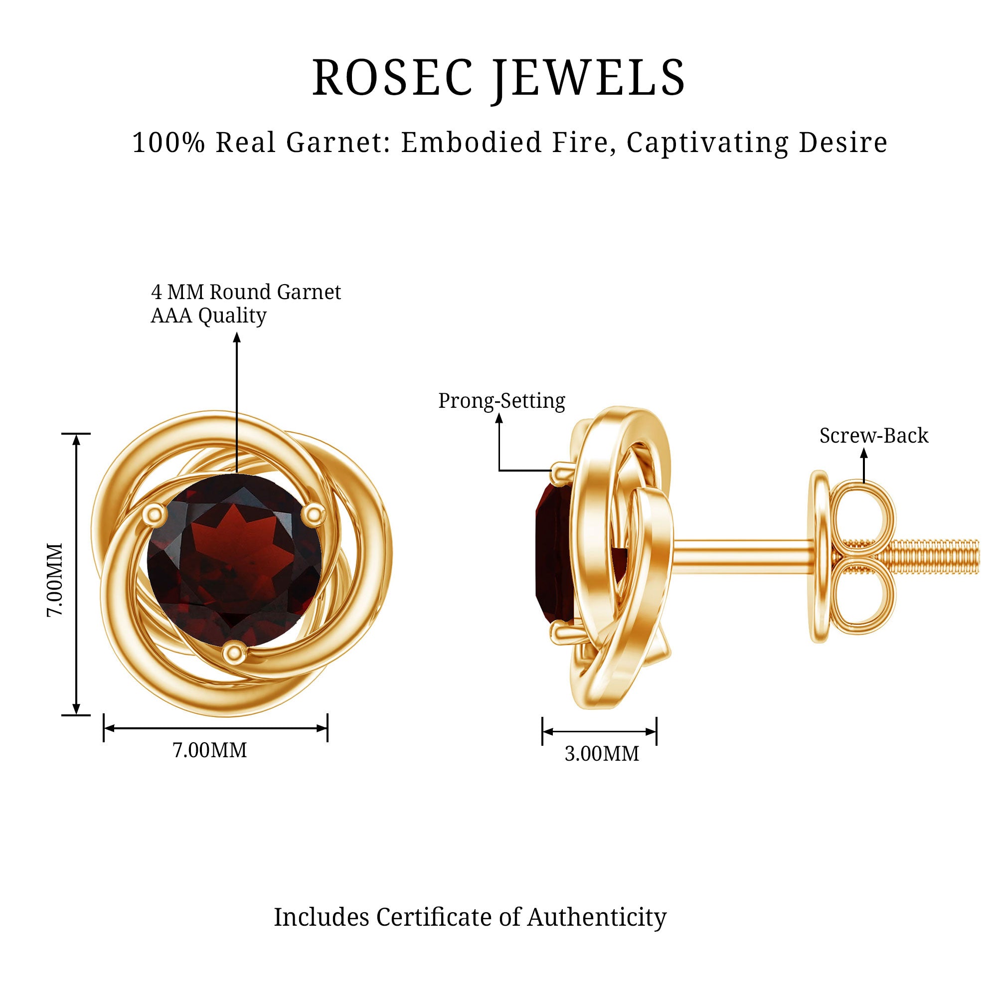 Solitaire 0.6 Carat Garnet Swirl Stud Earrings in 3 Prong Setting AAA - Rosec Jewels