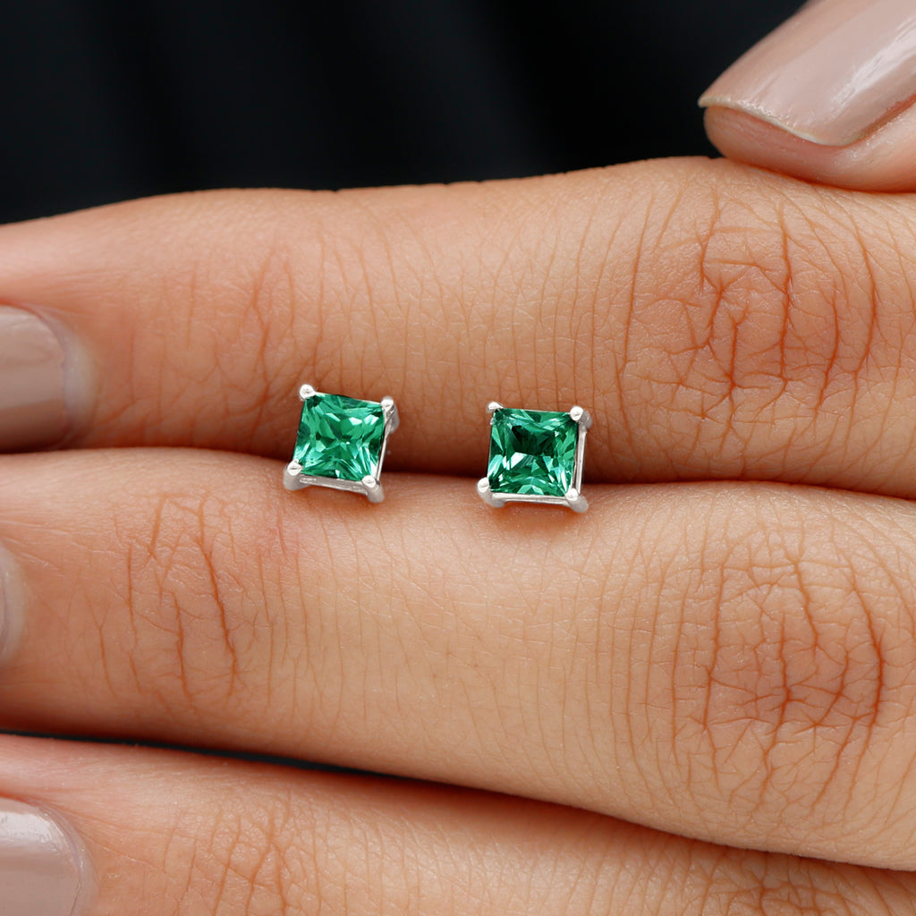 Rosec Jewels - 1.5 CT Princess Cut Created Green Sapphire Solitaire Stud Earrings