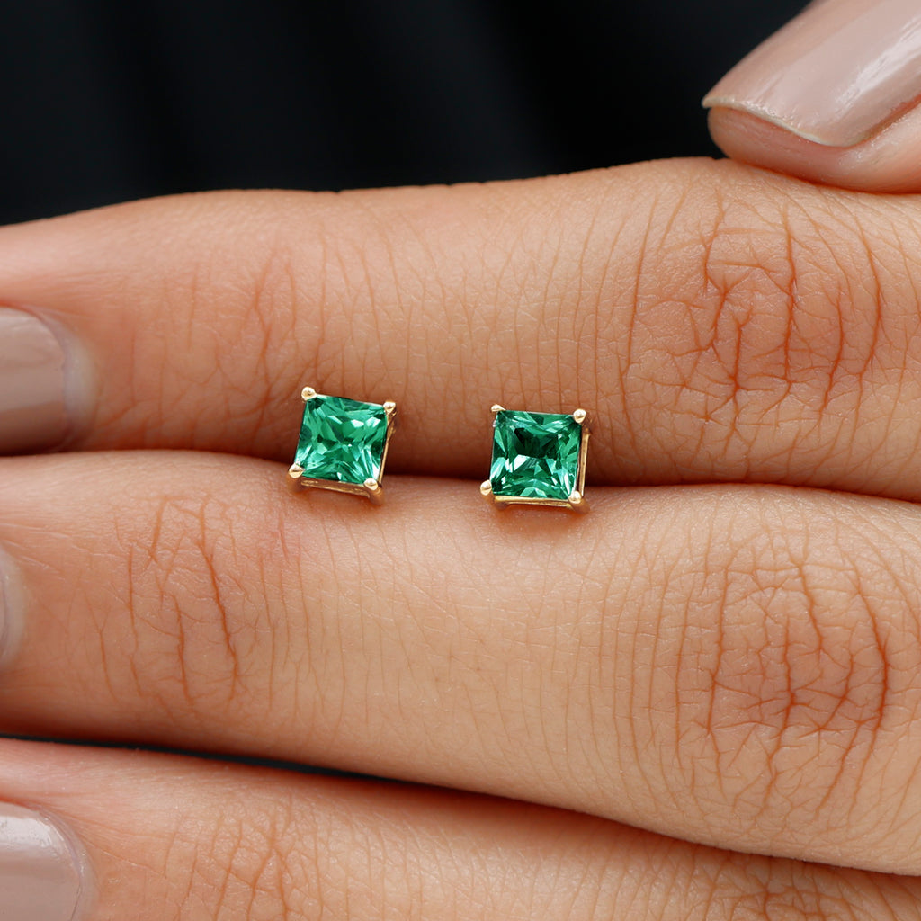 1.5 CT Princess Cut Created Green Sapphire Solitaire Stud Earrings Lab Created Green Sapphire - ( AAAA ) - Quality - Rosec Jewels