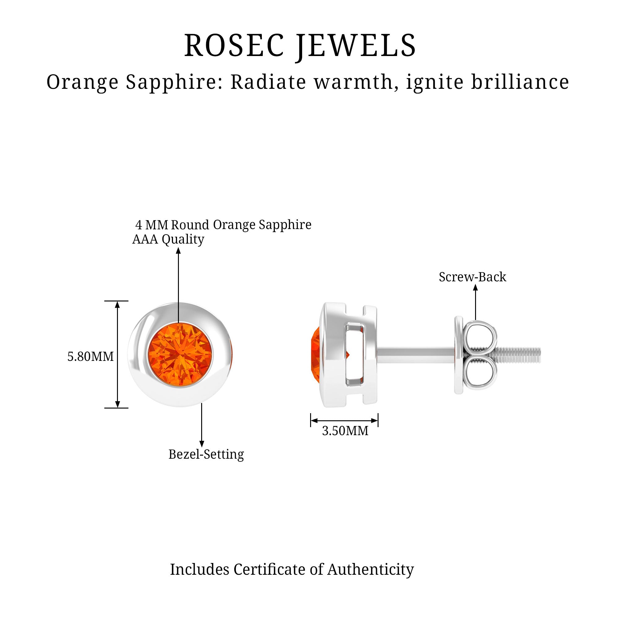 0.50 CT Bezel Set Orange Sapphire Solitaire Stud Earrings Orange Sapphire - ( AAA ) - Quality - Rosec Jewels