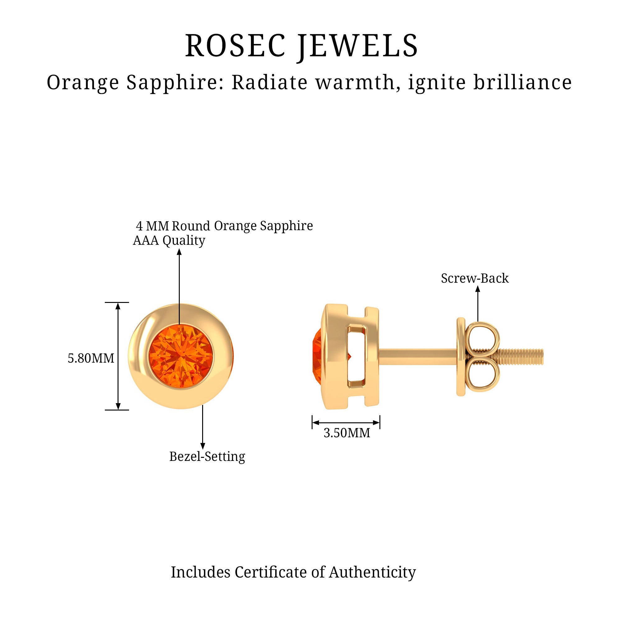 0.50 CT Bezel Set Orange Sapphire Solitaire Stud Earrings Orange Sapphire - ( AAA ) - Quality - Rosec Jewels