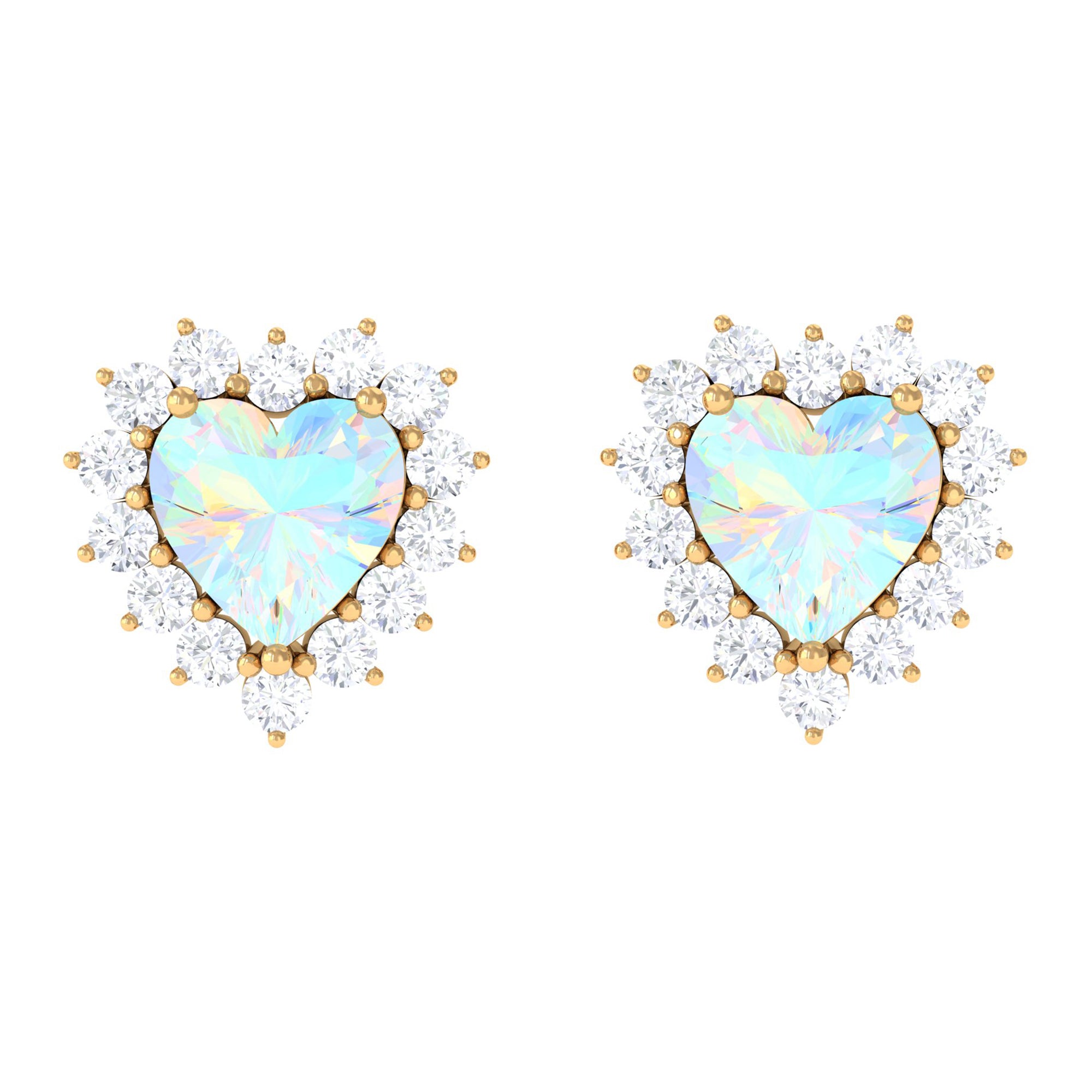 Heart Shape Ethiopian Opal Stud Earrings with Moissanite Halo Ethiopian Opal - ( AAA ) - Quality - Rosec Jewels