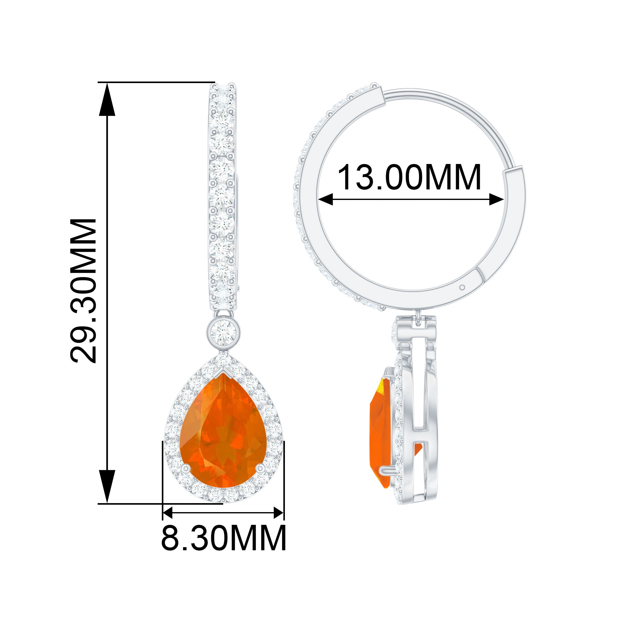 Pear Shaped Fire Opal Hoop Drop Earrings with Moissanite Halo Fire Opal - ( AAA ) - Quality - Rosec Jewels