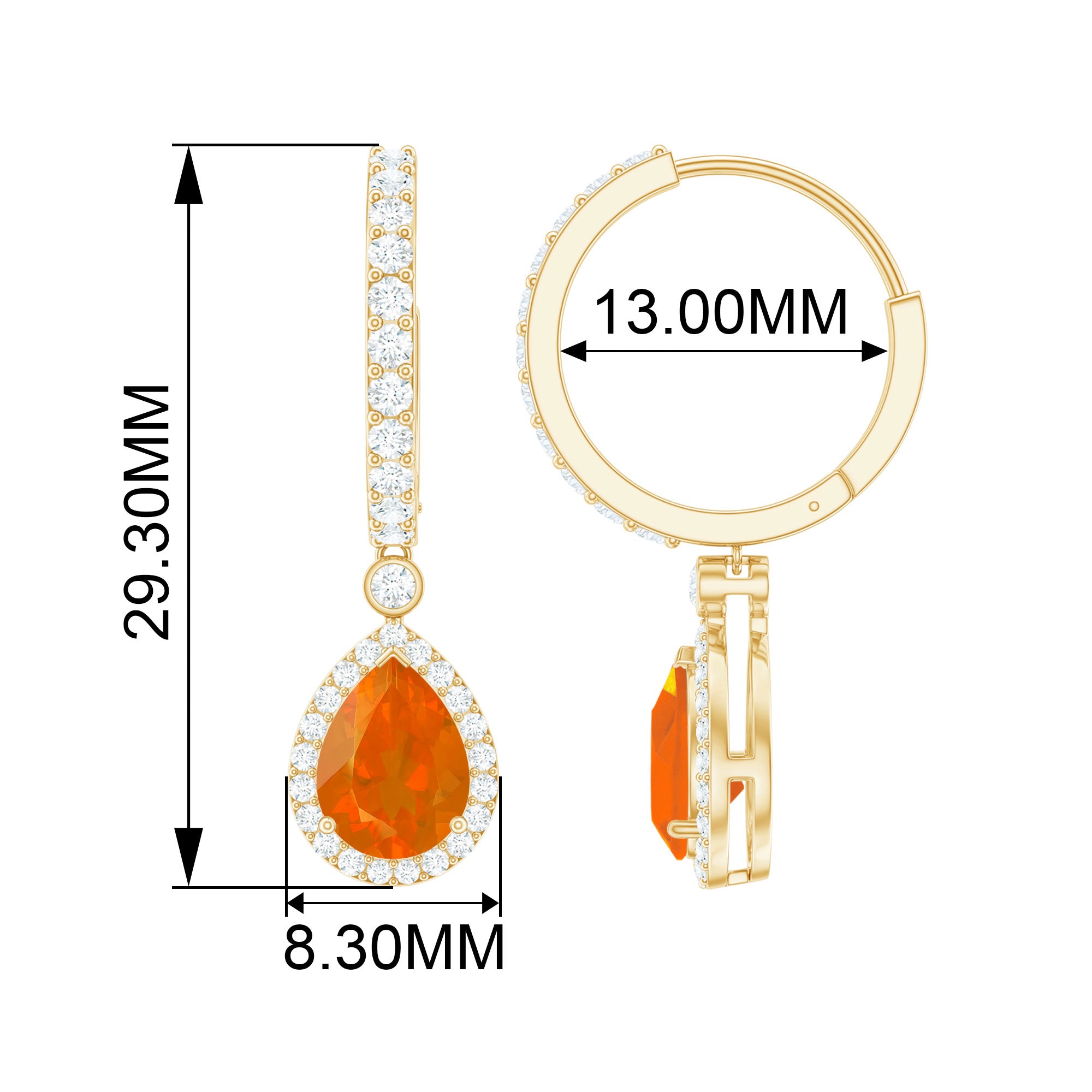 Pear Shaped Fire Opal Hoop Drop Earrings with Moissanite Halo Fire Opal - ( AAA ) - Quality - Rosec Jewels