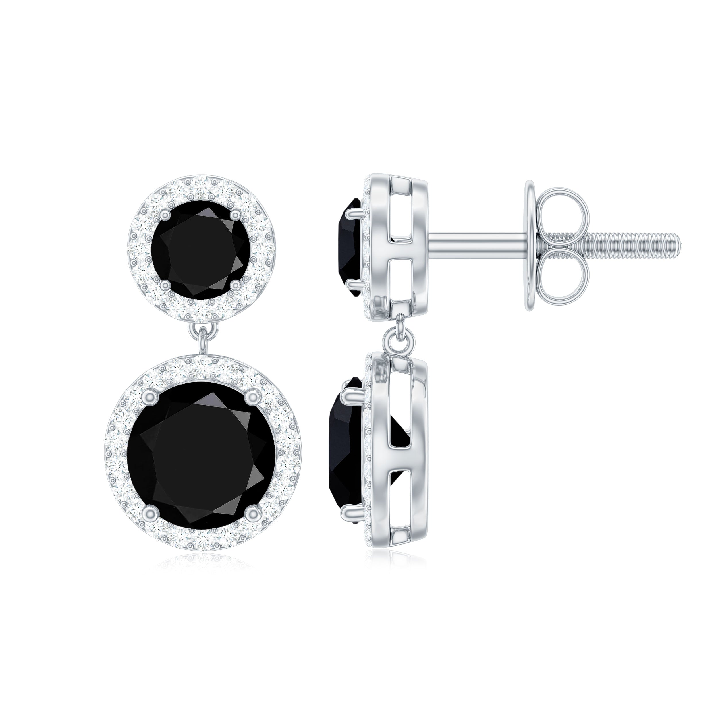 3.75 CT Black Onyx and Moissanite Halo Dangle Earrings in Silver Black Onyx - ( AAA ) - Quality 92.5 Sterling Silver - Rosec Jewels
