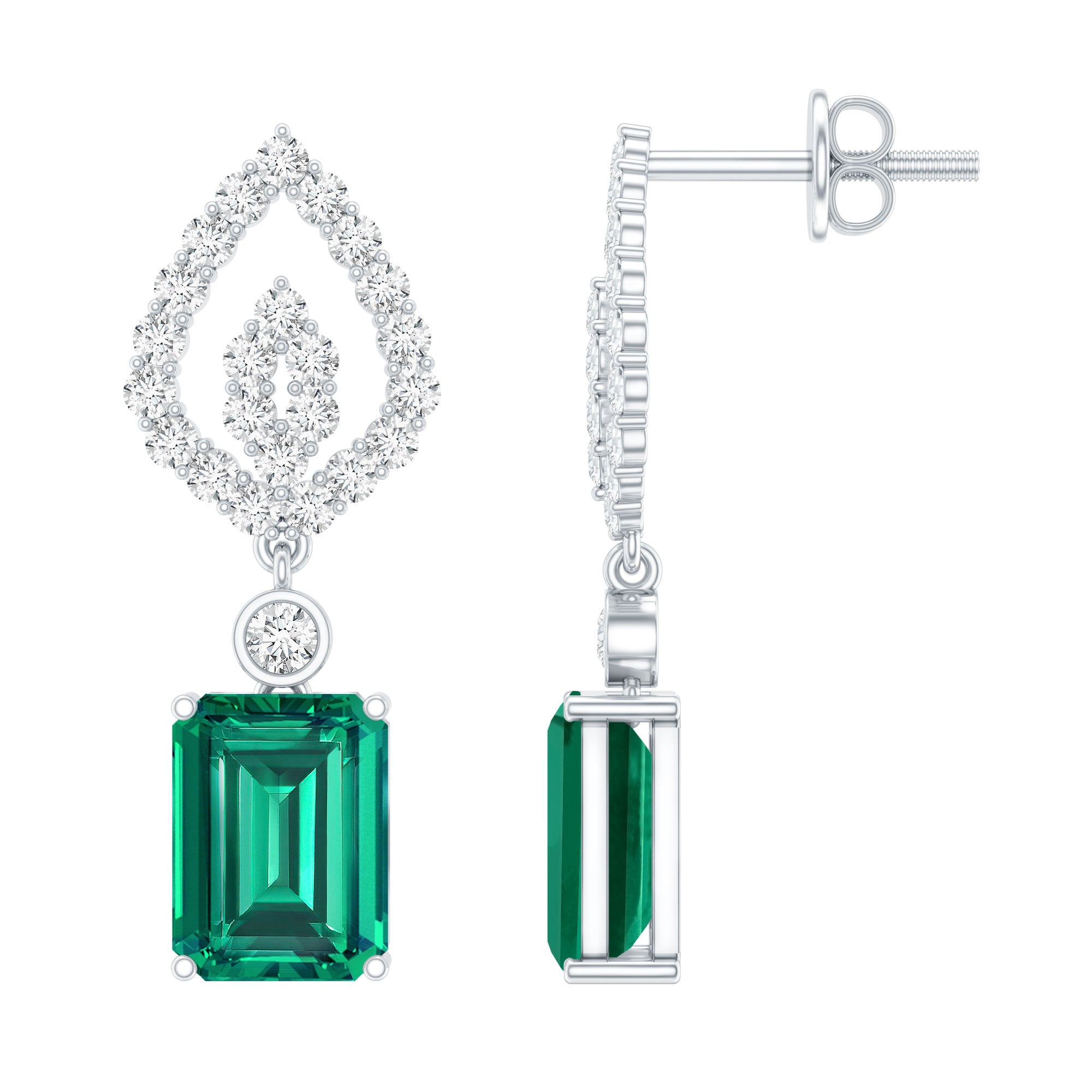 Art Deco Lab Grown Emerald Diamond Drop Earrings With Screw Back AAAA - Rosec Jewels