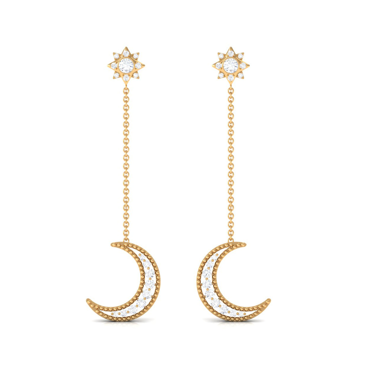 1/2 CT Diamond Star and Moon Drop Chain Earrings Diamond - ( HI-SI ) - Color and Clarity - Rosec Jewels