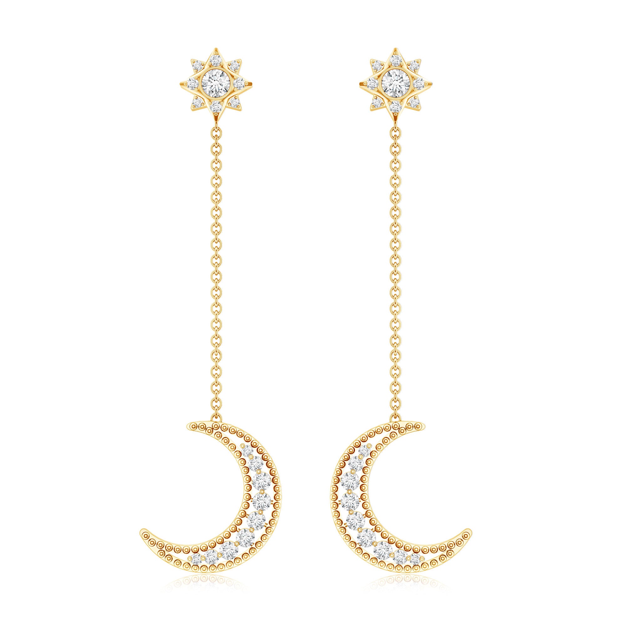 Certified Diamond Star and Moon Chain Earrings Natural - ( HI-SI ) - Rosec Jewels