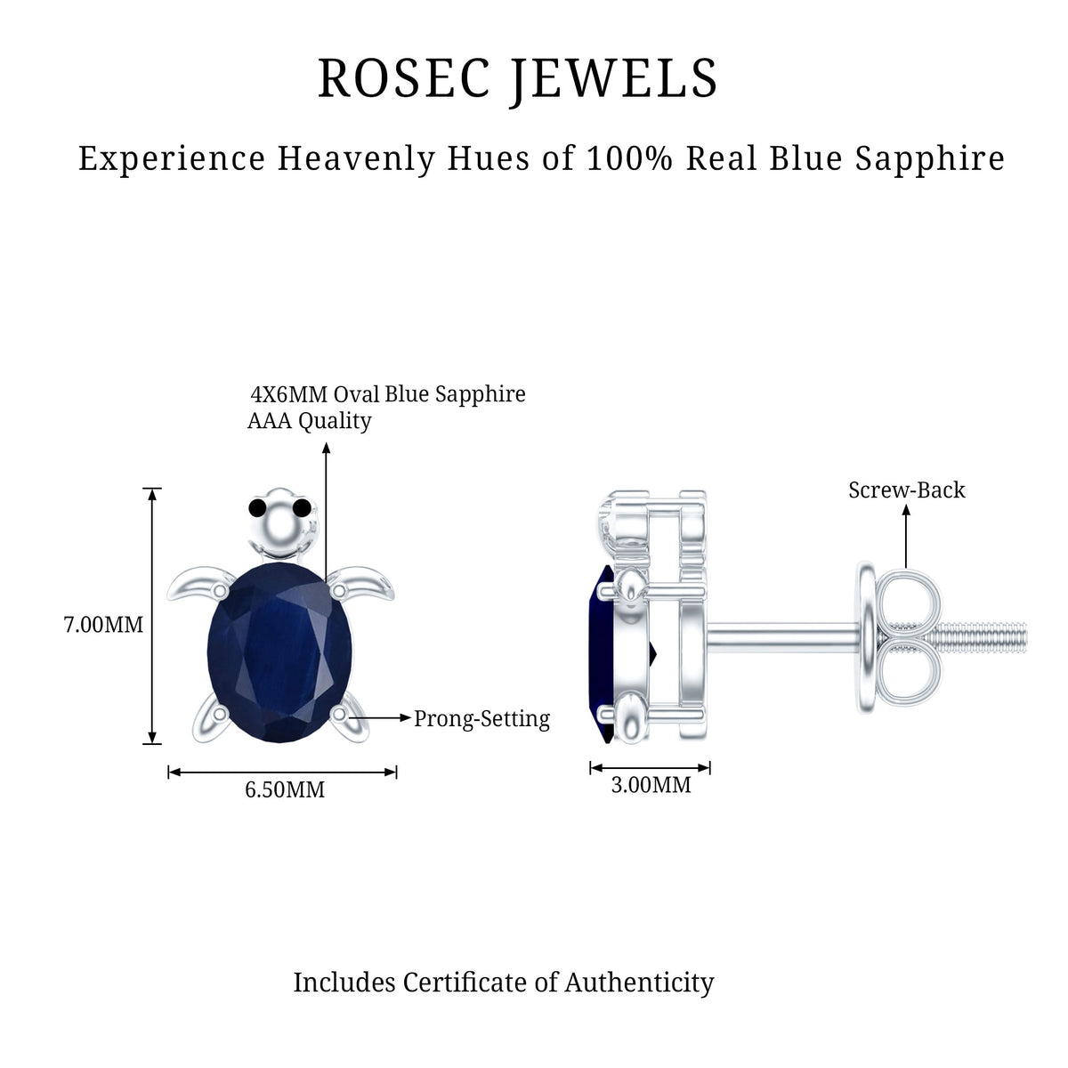 1.2 Carat Oval Cut Blue Sapphire Sea Turtle Earrings AAA - Rosec Jewels