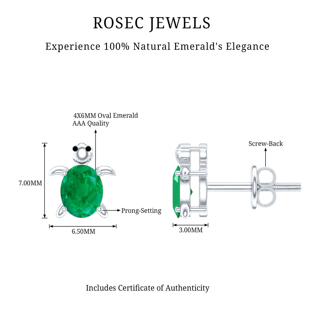 Oval Shaped Emerald Turtle Stud Earrings AAA - Rosec Jewels