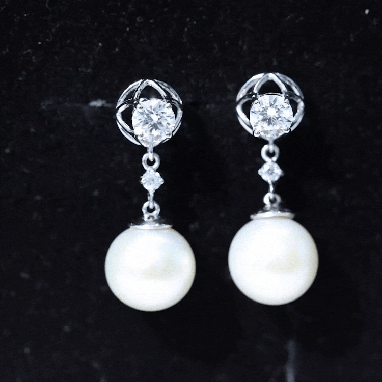 7 CT Freshwater Pearl Dangle Drop Earrings with Floral Moissanite Freshwater Pearl - ( AAA ) - Quality - Rosec Jewels