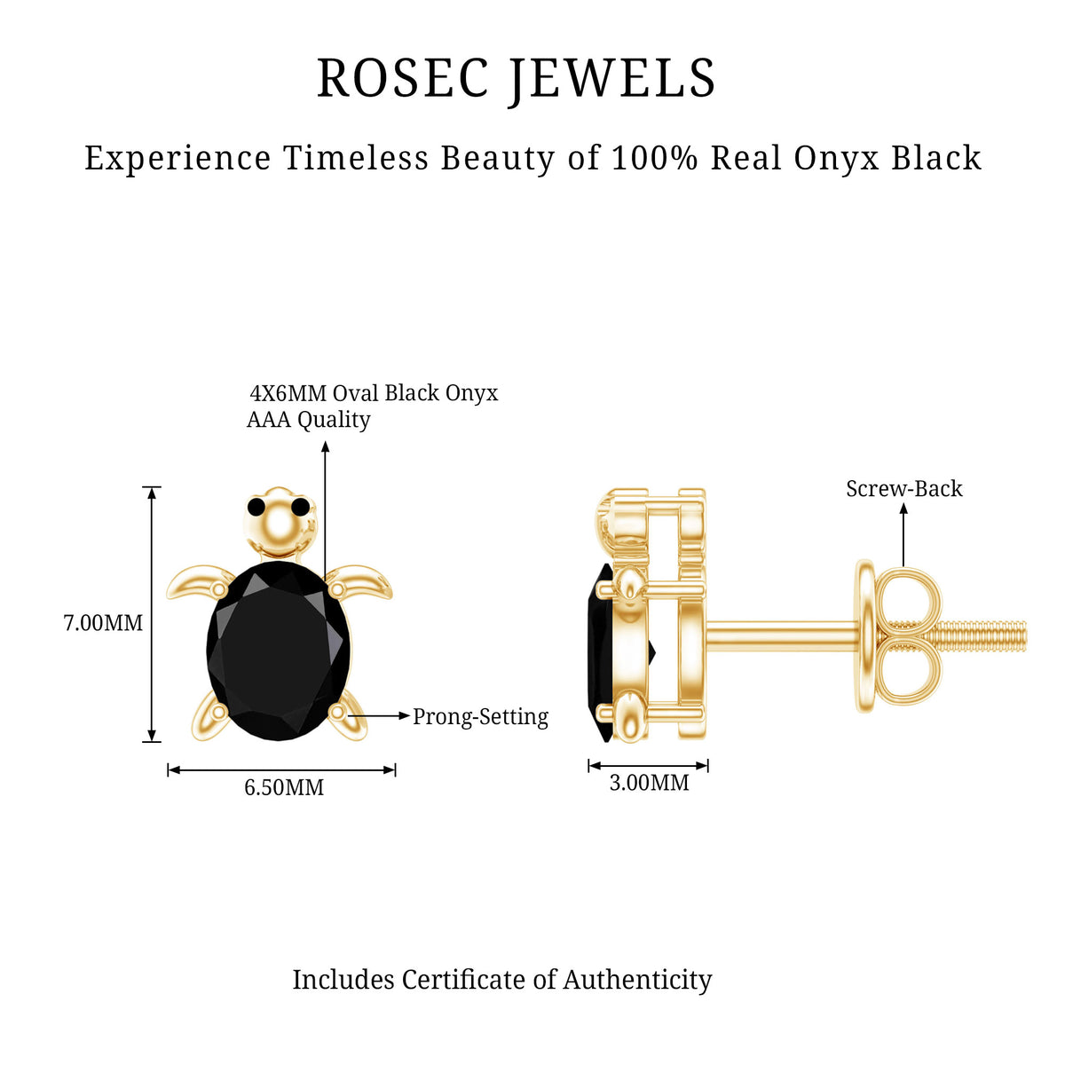 Oval Shaped Black Onyx Turtle Stud Earrings AAA - Rosec Jewels