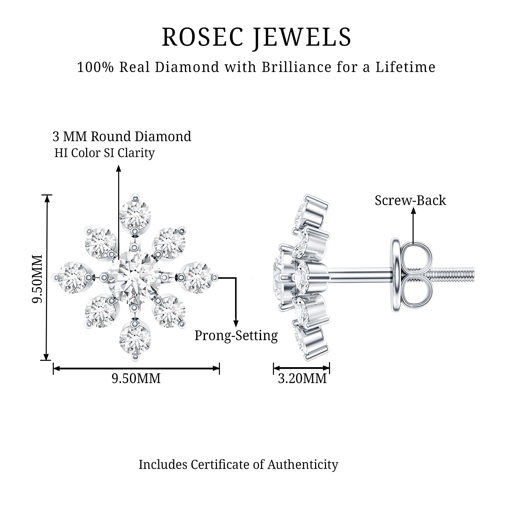 Round Cut Diamond Flower Stud Earrings for Women Natural - ( HI-SI ) - Rosec Jewels
