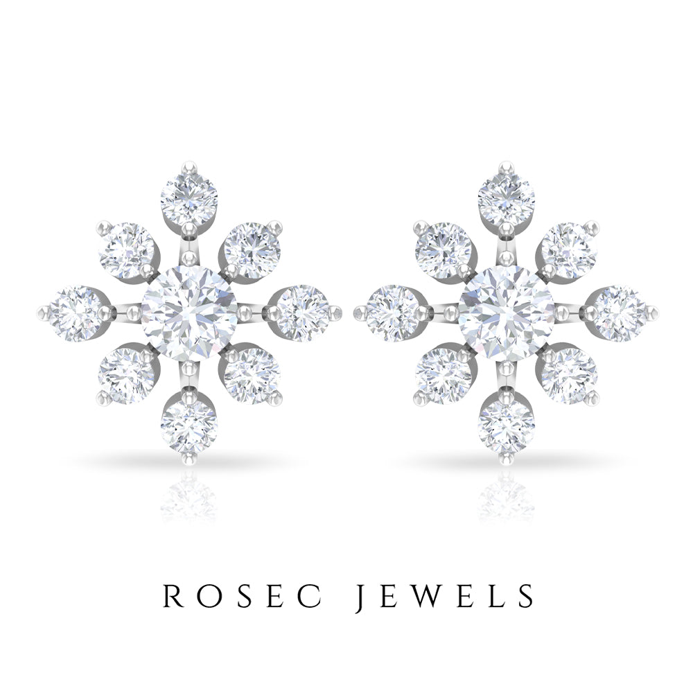 Round Cut Diamond Flower Stud Earrings for Women Natural - ( HI-SI ) - Rosec Jewels