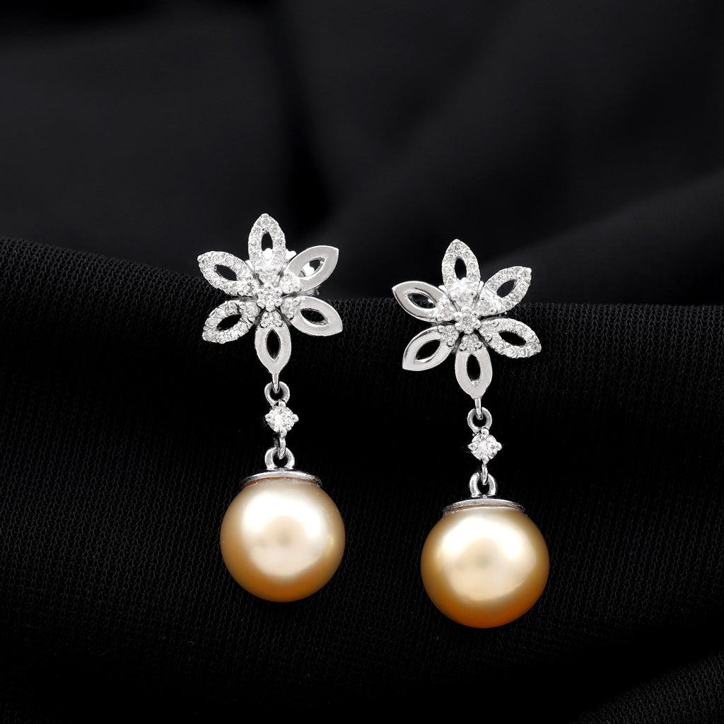 Rosec Jewels - 11.50 CT Diamond Floral Earrings with South Sea Pearl Drop