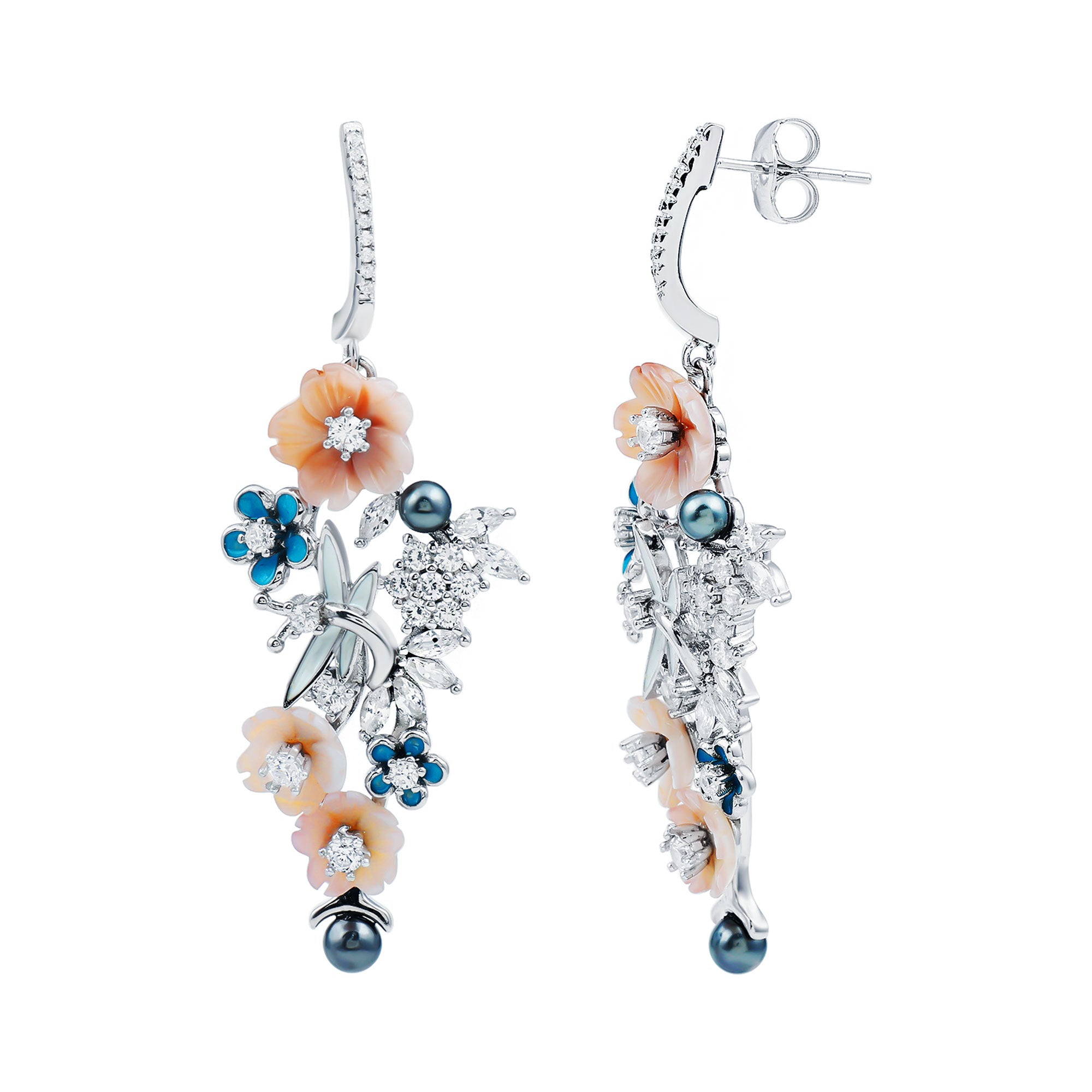 Certified Multi Gemstone Flower Dangle Earrings in Silver