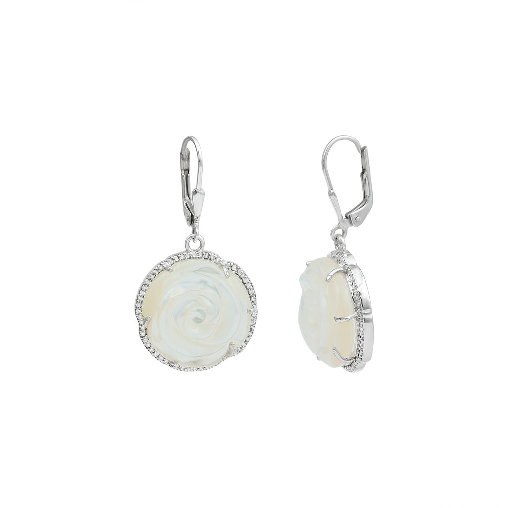 White Mother of Pearl Rose Flower Earrings Moissanite - ( D-VS1 ) - Color and Clarity 92.5 Sterling Silver - Rosec Jewels