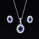 Oval Shaped Lab Created Blue Sapphire Necklace and Earrings Set with Moissanite Halo AAAA - Rosec Jewels