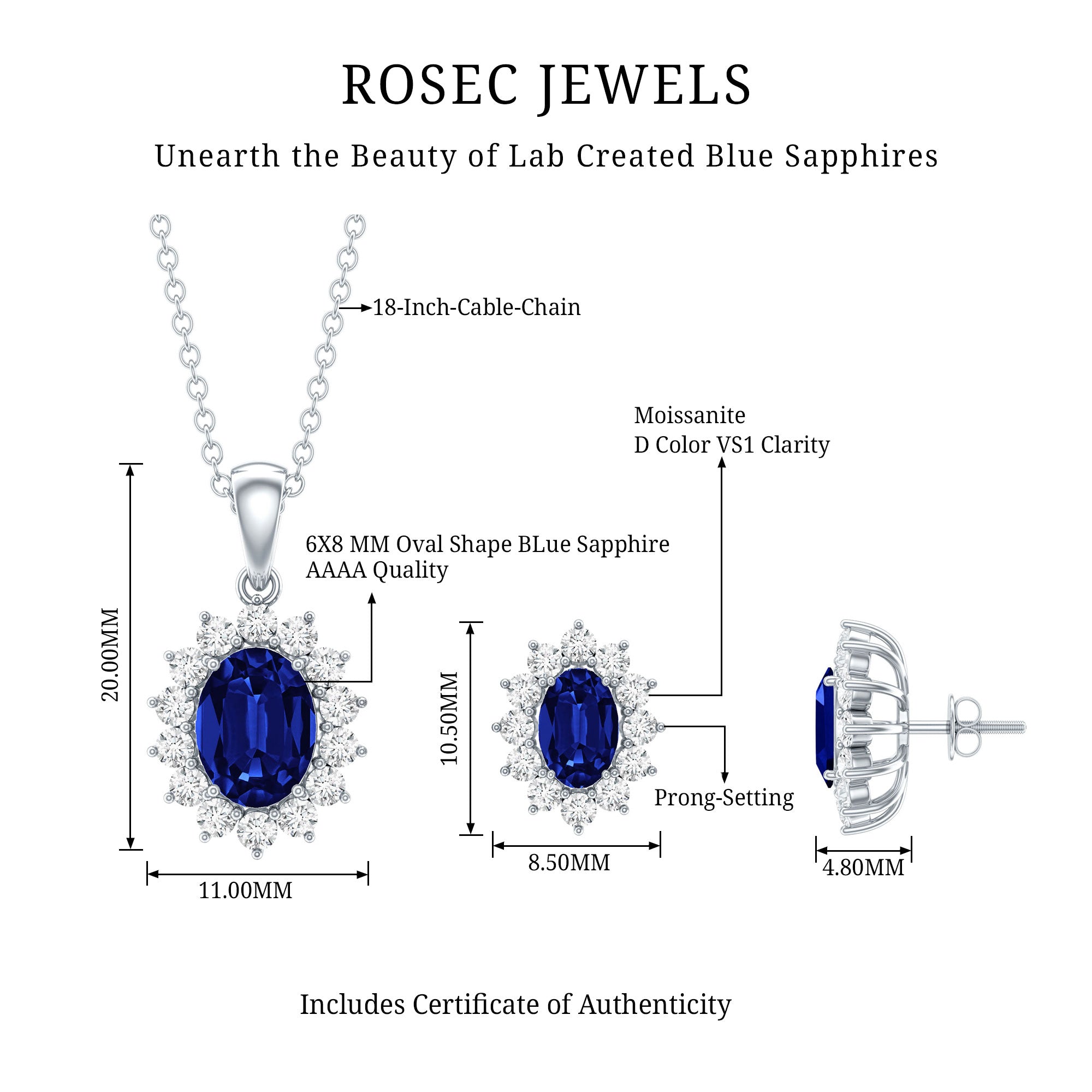 Princess Diana Inspired Lab Grown Blue Sapphire Necklace Earrings Set in Silver AAAA 92.5 Sterling Silver - Rosec Jewels