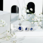 Princess Diana Inspired Lab Grown Blue Sapphire Necklace Earrings Set in Silver AAAA 92.5 Sterling Silver - Rosec Jewels