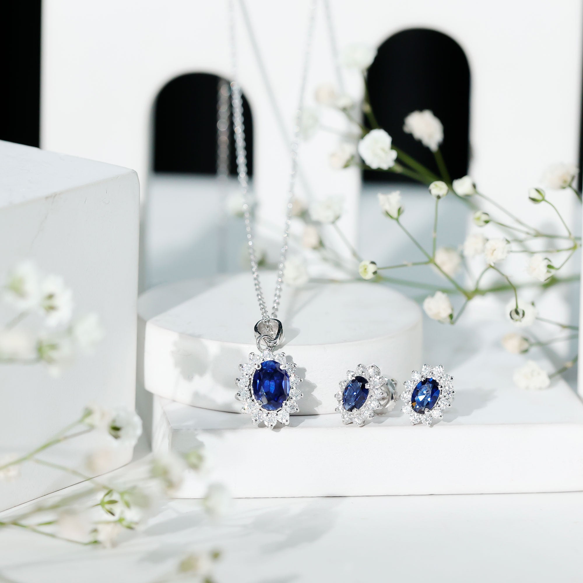 Princess Diana Inspired Lab Grown Blue Sapphire Necklace Earrings Set in Silver AAAA 92.5 Sterling Silver - Rosec Jewels