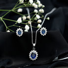 Princess Diana Inspired Lab Grown Blue Sapphire Necklace Earrings Set in Silver AAAA 92.5 Sterling Silver - Rosec Jewels
