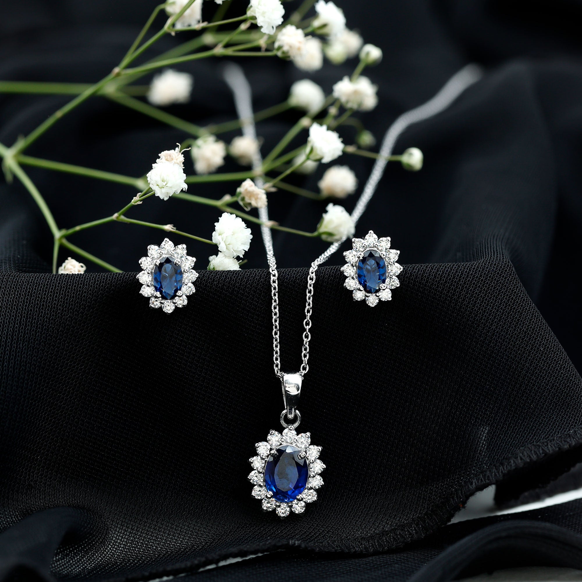 Princess Diana Inspired Lab Grown Blue Sapphire Necklace Earrings Set in Silver AAAA 92.5 Sterling Silver - Rosec Jewels
