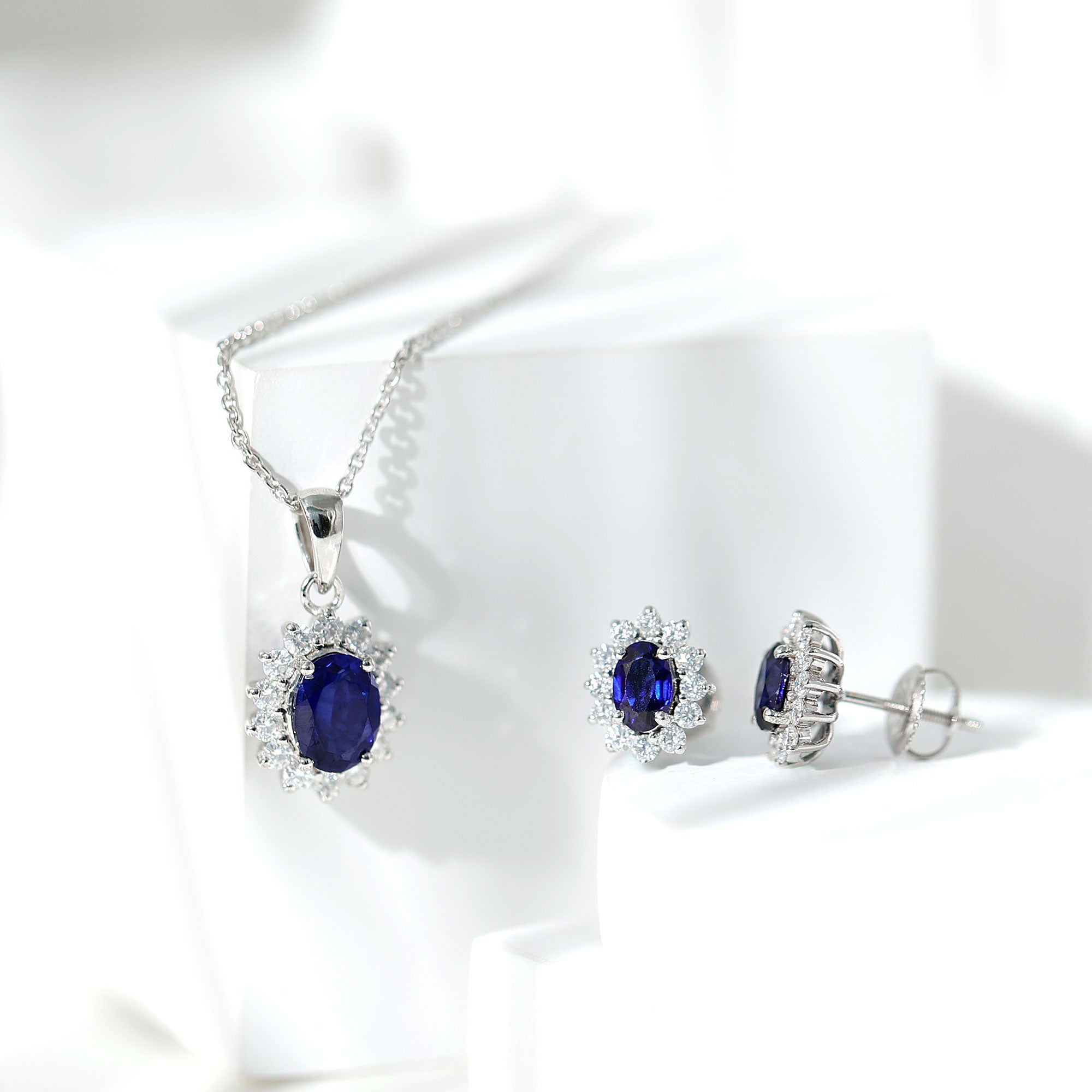 Classic Oval Cut Created Blue Sapphire and Moissanite Halo Jewelry Set Lab Created Blue Sapphire - ( AAAA ) - Quality - Rosec Jewels