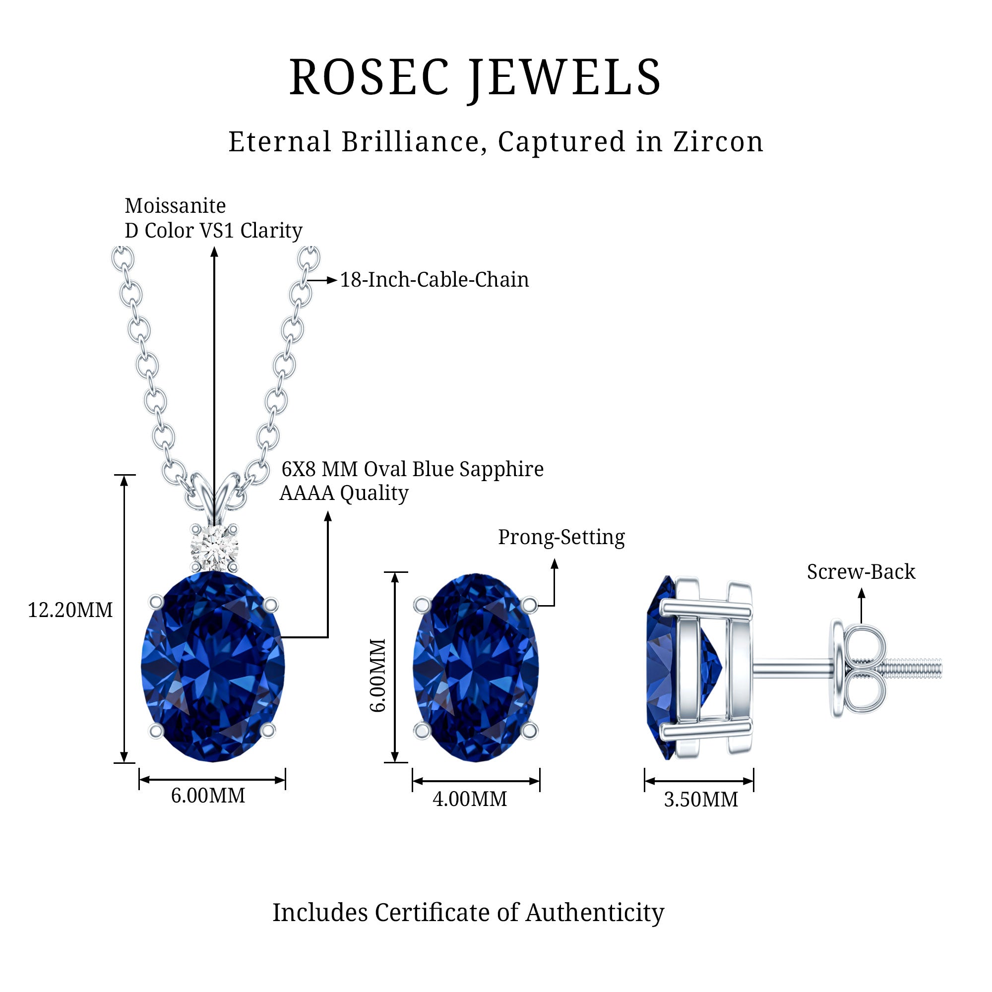 Sterling Silver Lab Grown Blue Sapphire Bridal Necklace and Earrings Set AAAA 92.5 Sterling Silver - Rosec Jewels