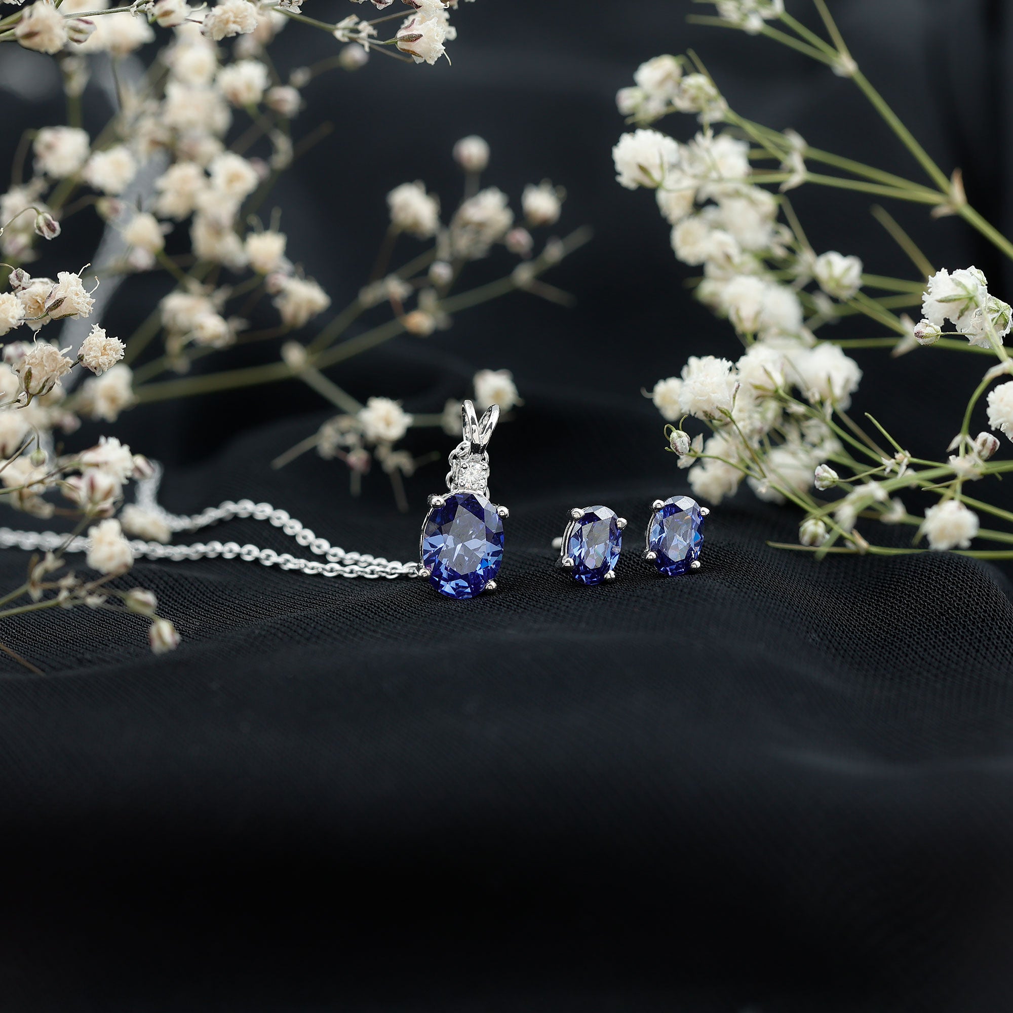 Sterling Silver Lab Grown Blue Sapphire Bridal Necklace and Earrings Set AAAA 92.5 Sterling Silver - Rosec Jewels