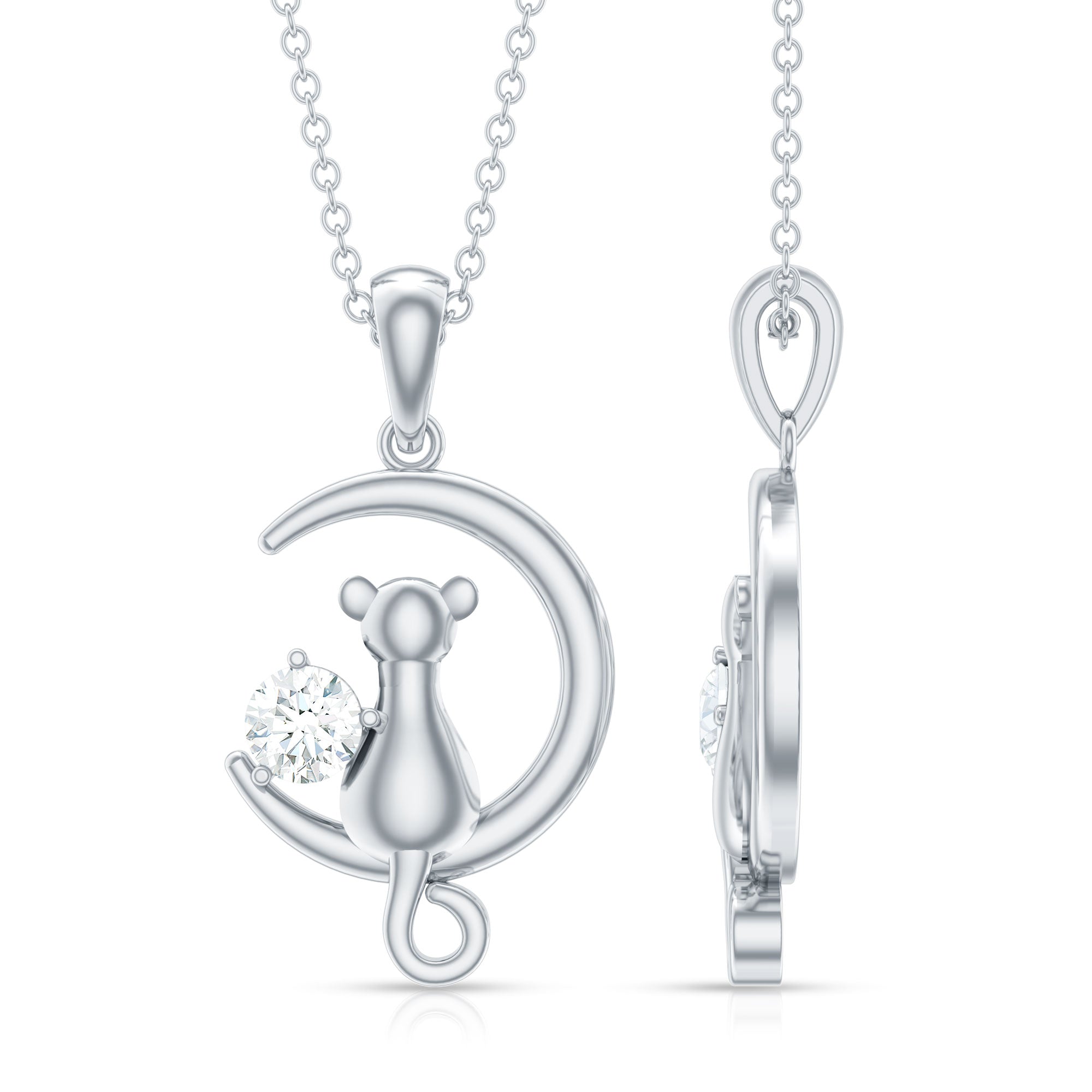 Certified Diamond Cat on Moon Necklace Natural - ( HI-SI ) - Rosec Jewels