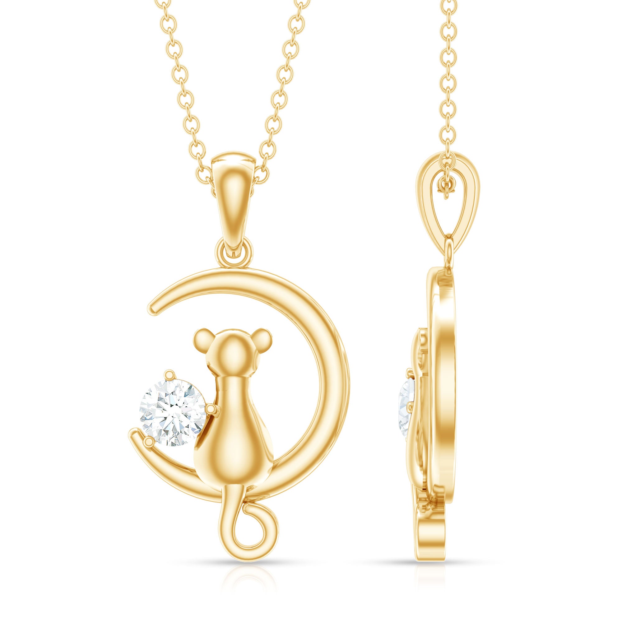 Certified Diamond Cat on Moon Necklace Natural - ( HI-SI ) - Rosec Jewels