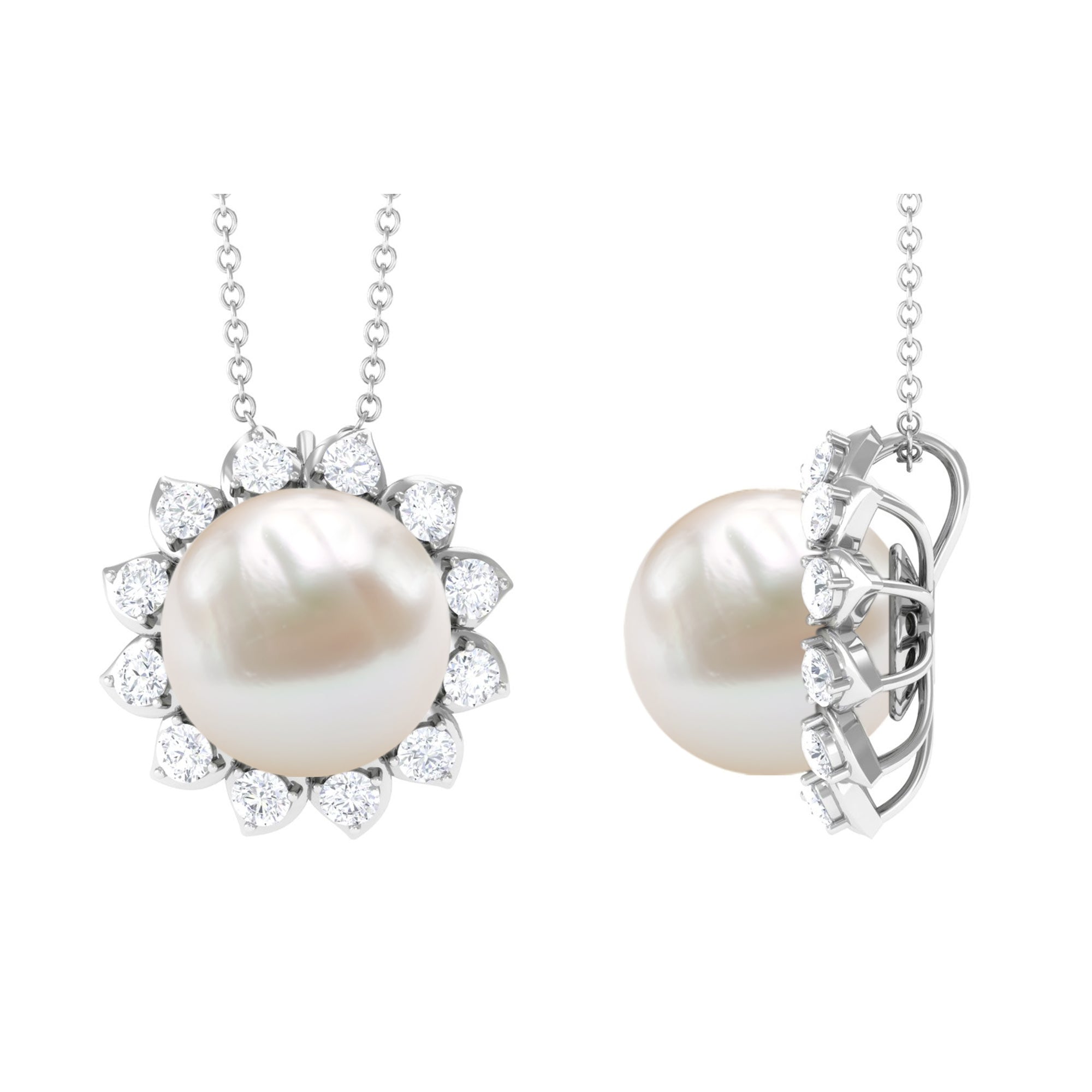 Freshwater Pearl and Moissanite Cocktail Flower Pendant Necklace - Rosec Jewels