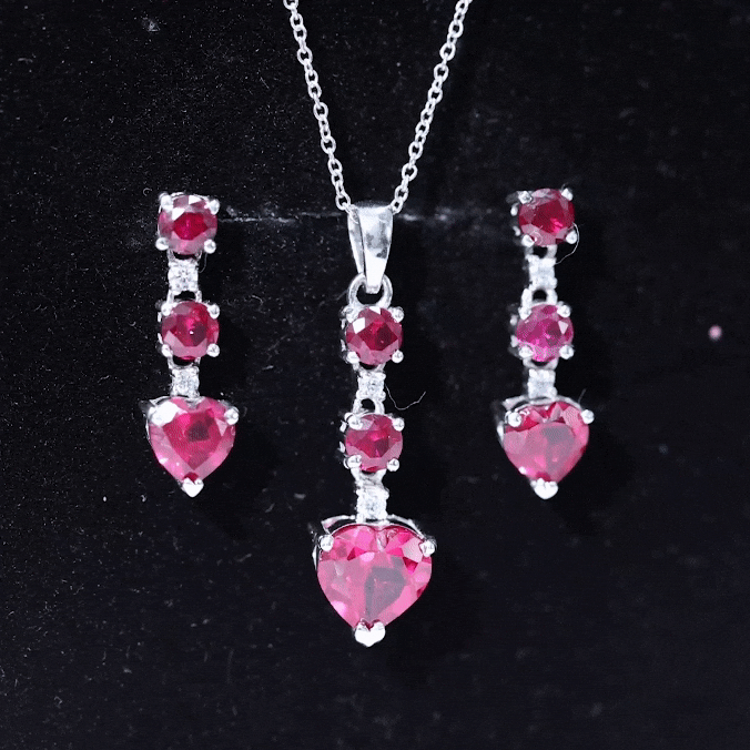 Lab Created Ruby Heart and Zircon Dangle Jewelry Set Zircon - ( AAAA ) - Quality - Rosec Jewels