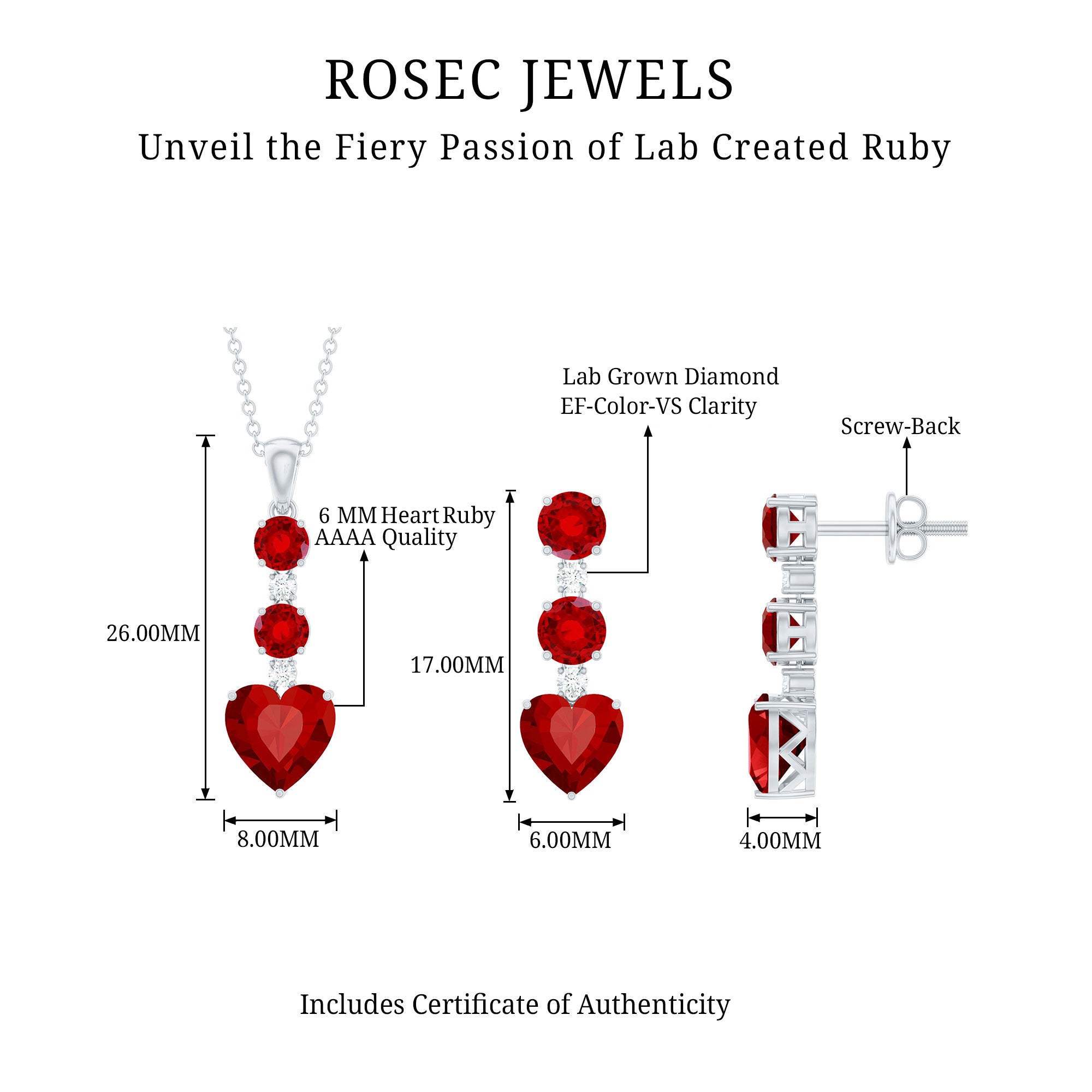 Certified Lab Grown Ruby Heart Necklace and Earrings Set With