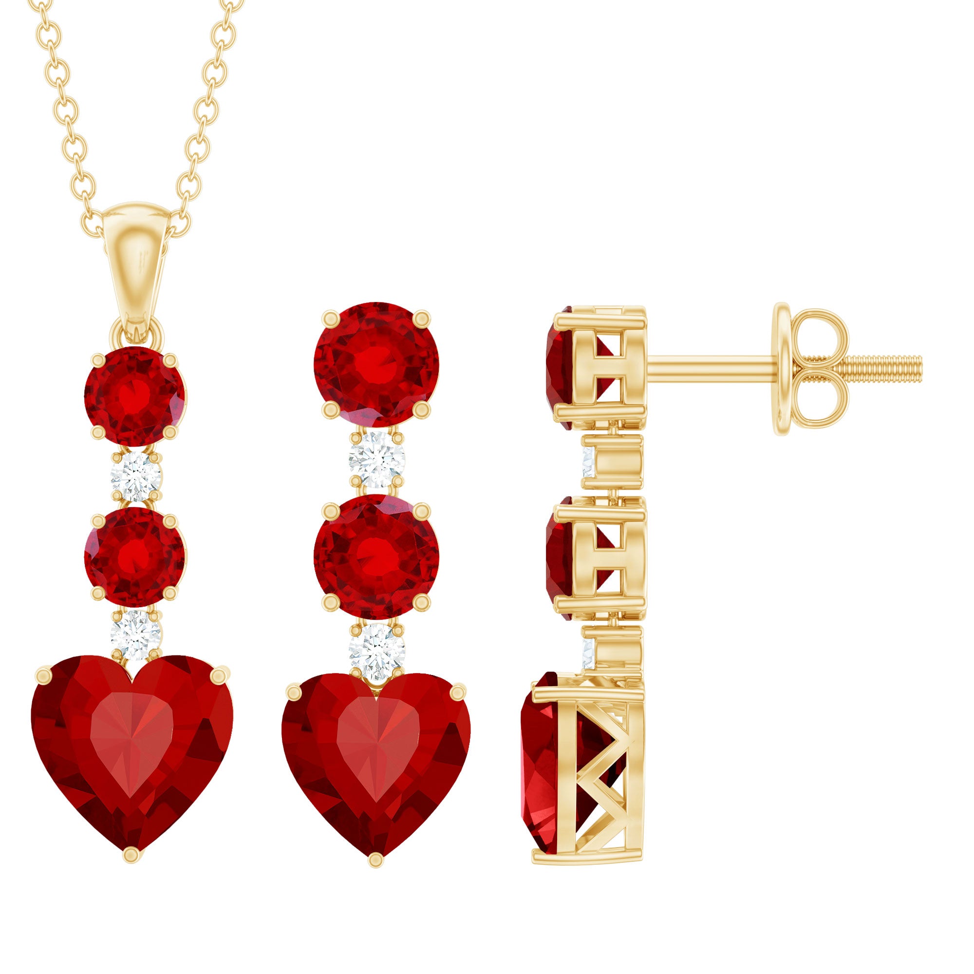 Certified Lab Grown Ruby Heart Necklace and Earrings Set With
